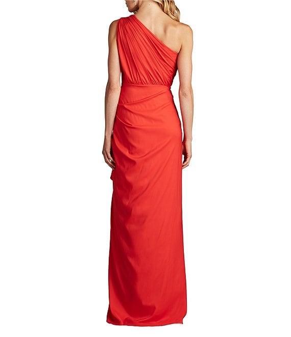 Tadashi Shoji One Shoulder Ruffle Front Crepe Column Gown Product Image