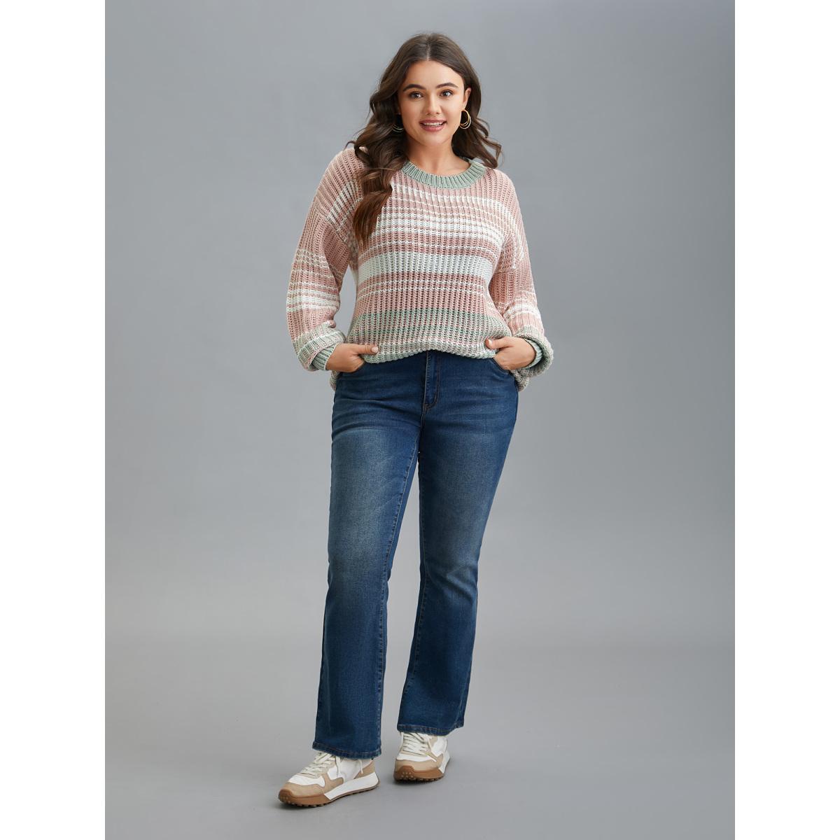 Plus Size Striped Contrast Colors Ribbed Pullover Greenbean Women Casual Loose Long Sleeve Round Neck Everyday Pullovers BloomChic 22-24/3X Product Image