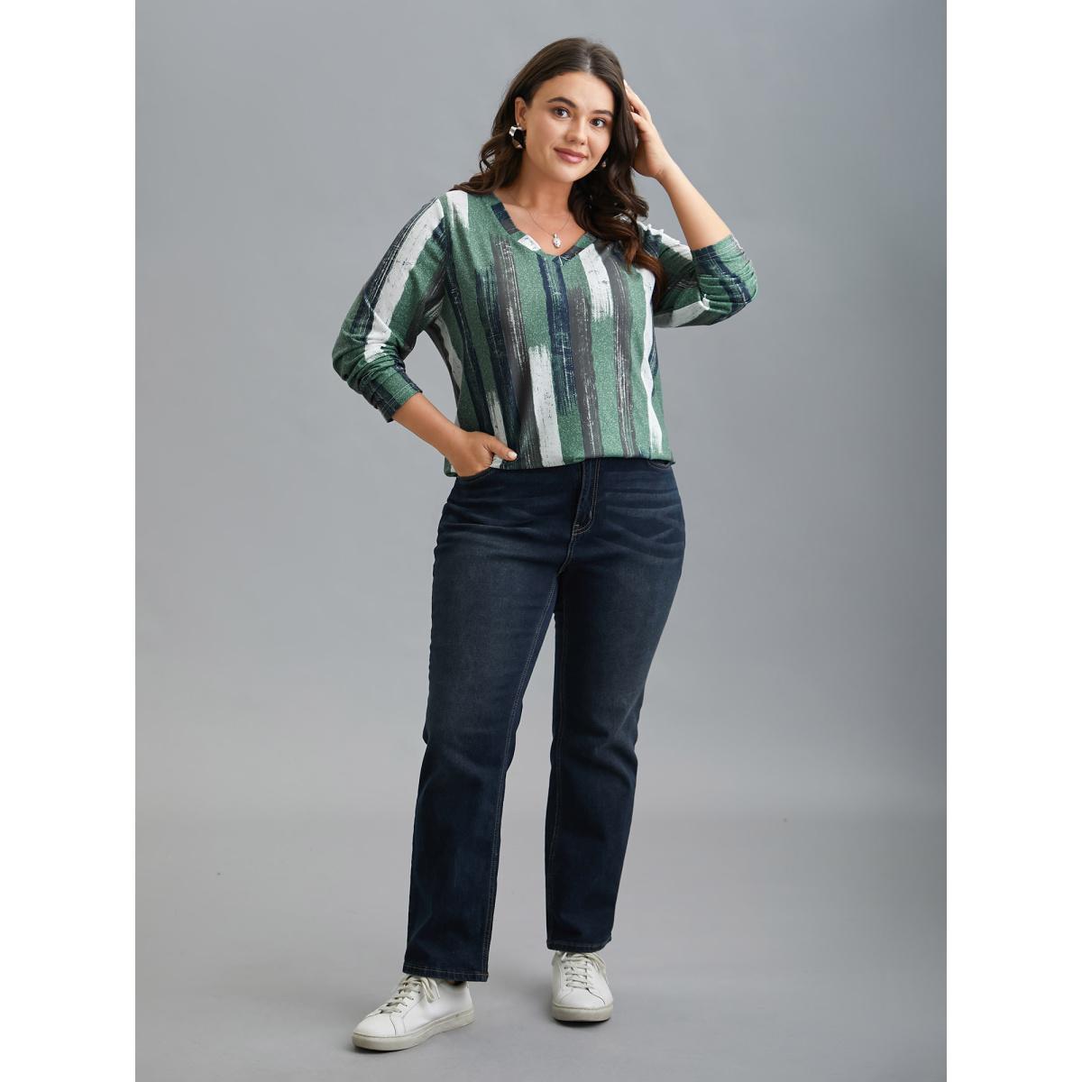 Plus Size Abstract Print V-Neck Fitted T-Shirt Multicolor Women Casual Contrast V-neck Everyday T-shirts BloomChic 18-20/2X Product Image