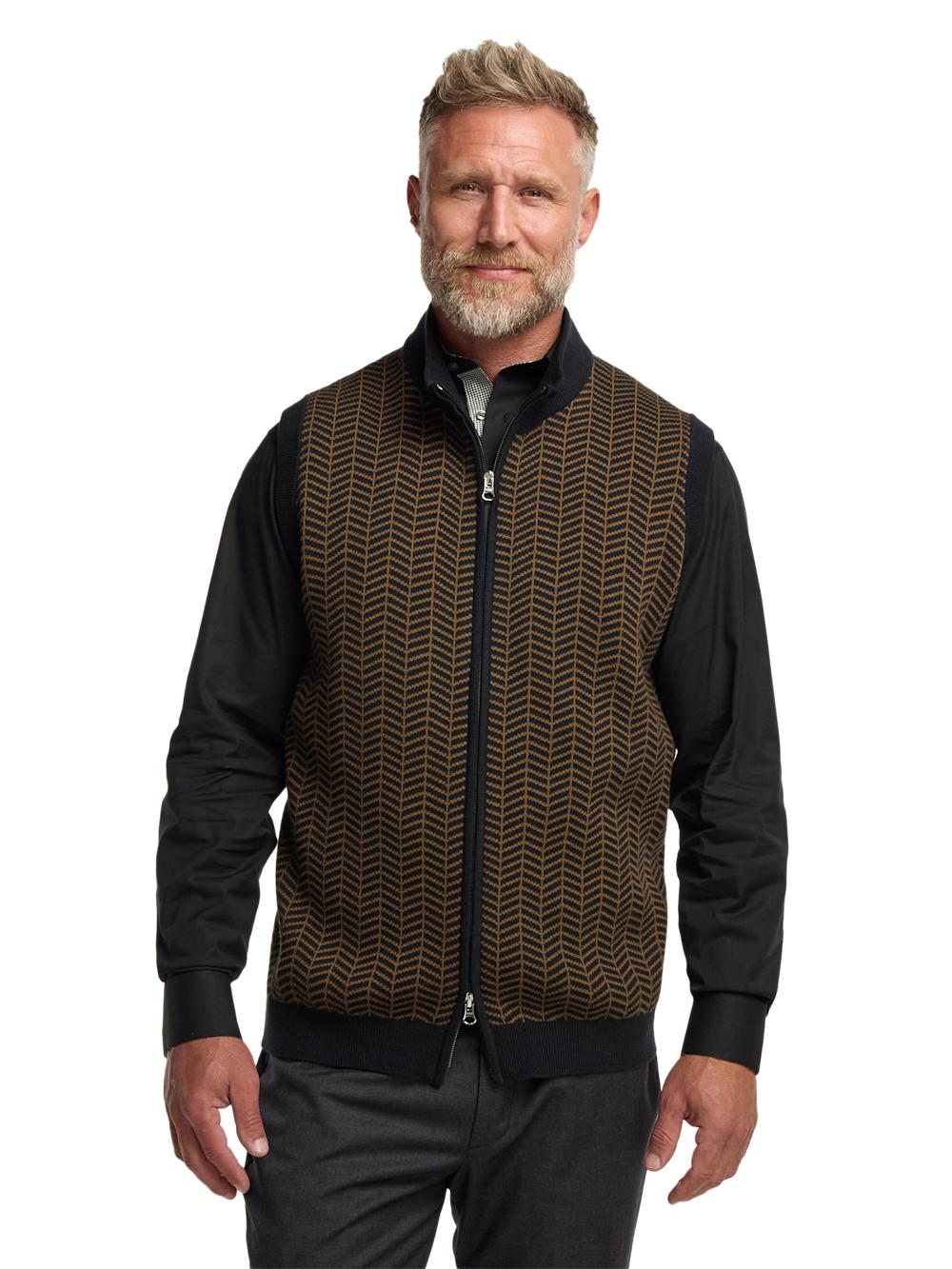 Cotton Full Zip Mock Neck Vest - Brown/black Product Image