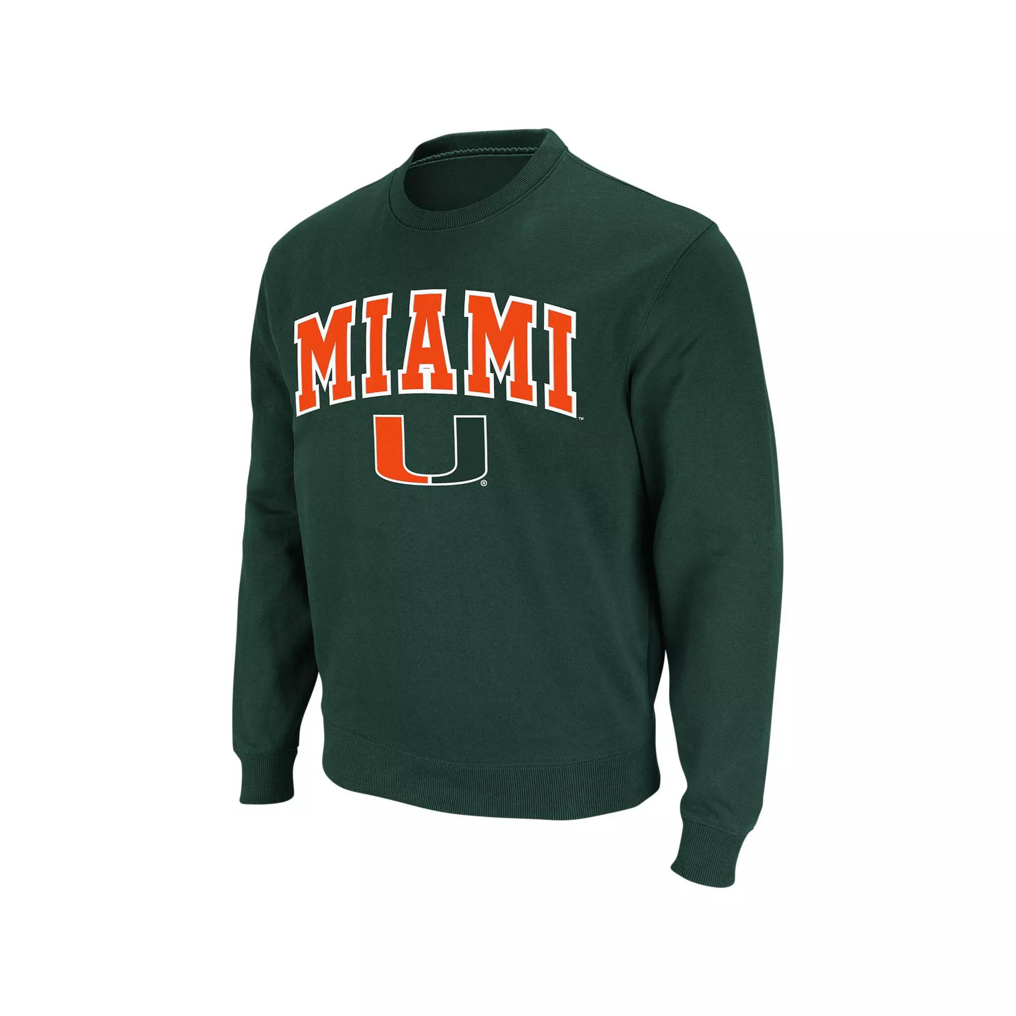 Men's Colosseum Green Miami Hurricanes Arch & Logo Crew Neck Sweatshirt,  Product Image