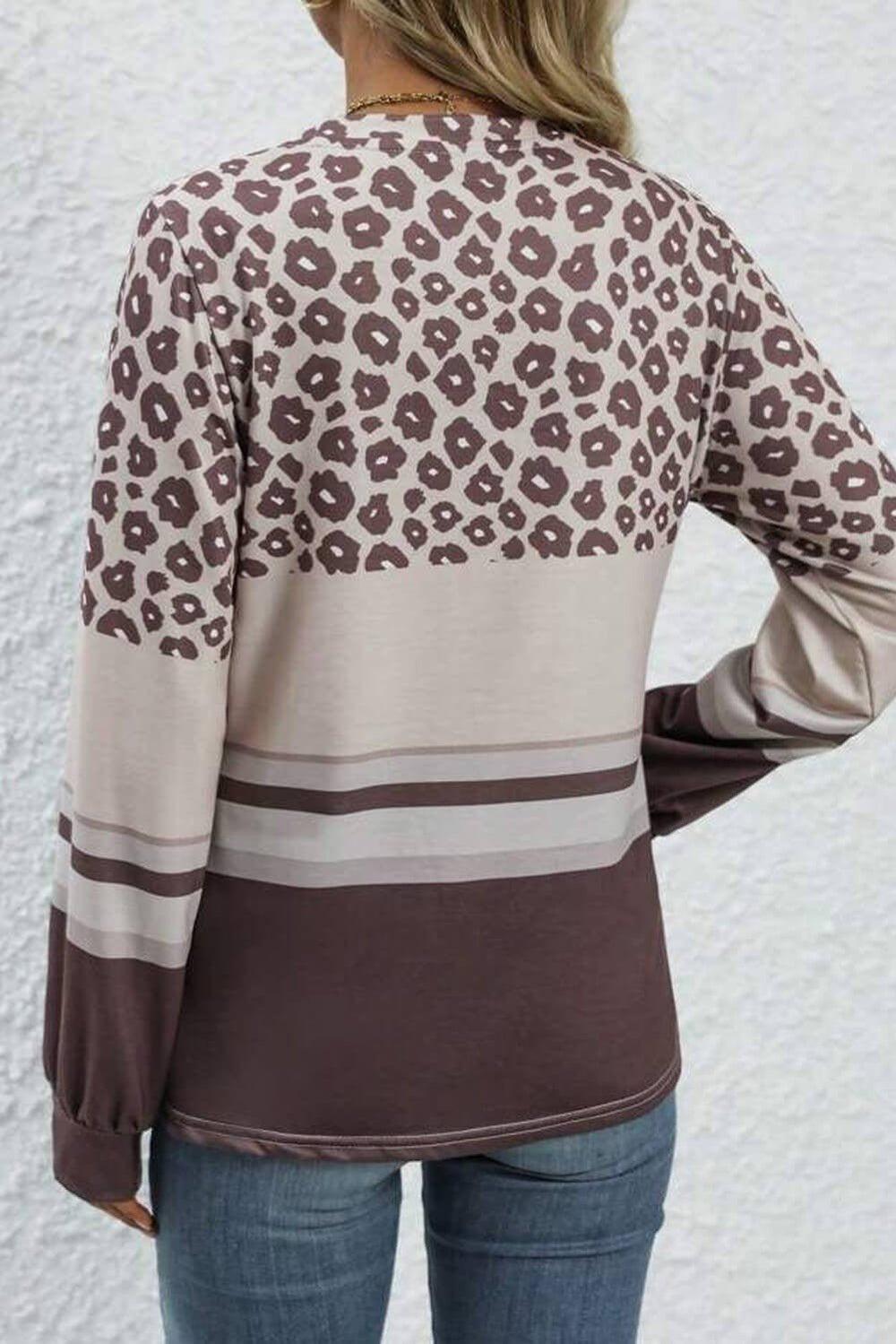 Brown Leopard Color Block Crewneck Long Sleeve Top* Product Image