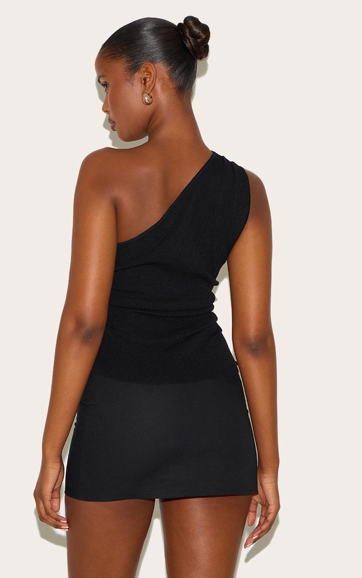 Black Fine Knit One Shoulder Ruched Side Top Product Image