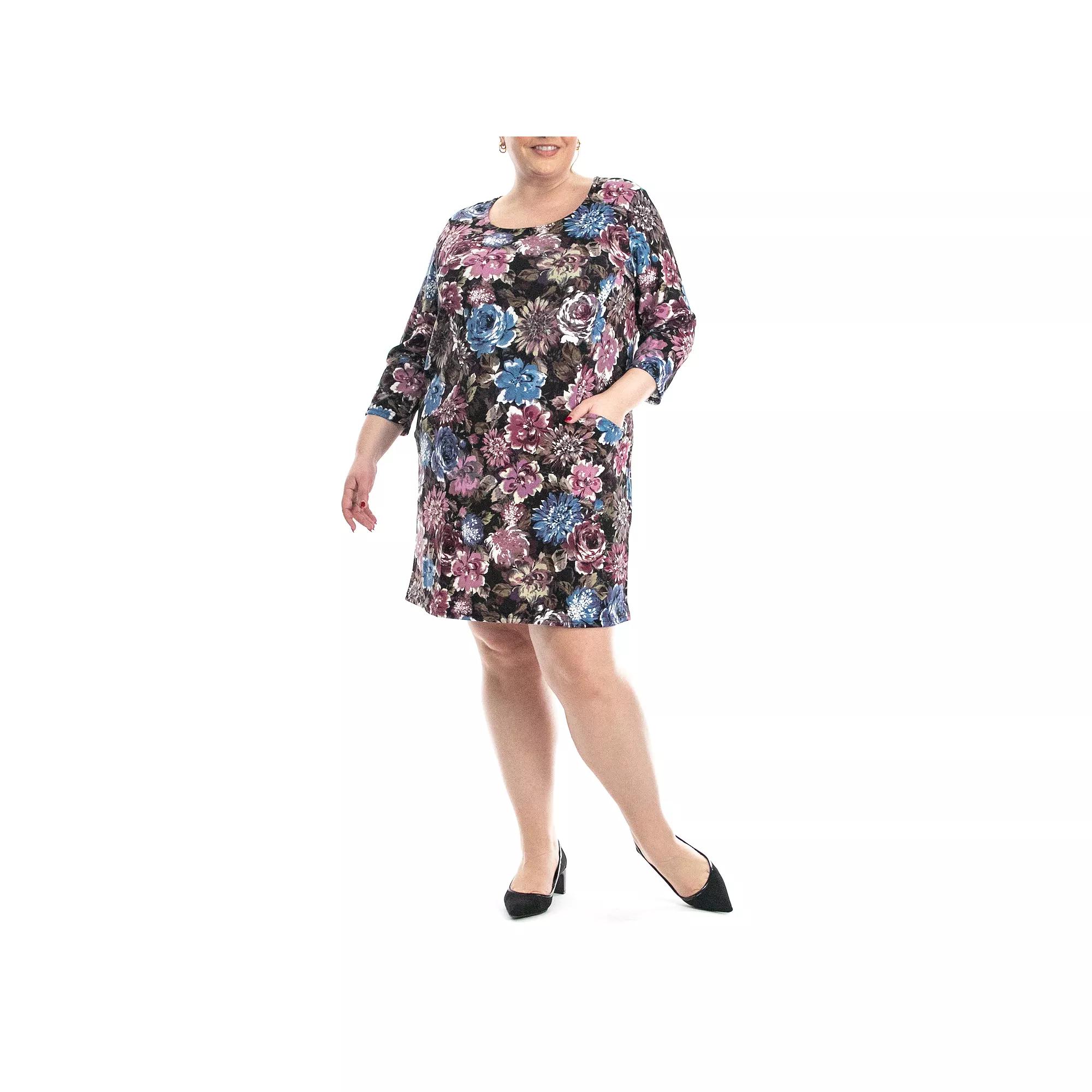 Plus Size Nina Leonard Printed Shift Dress, Women's, Size: 1XL, Pink Team Product Image