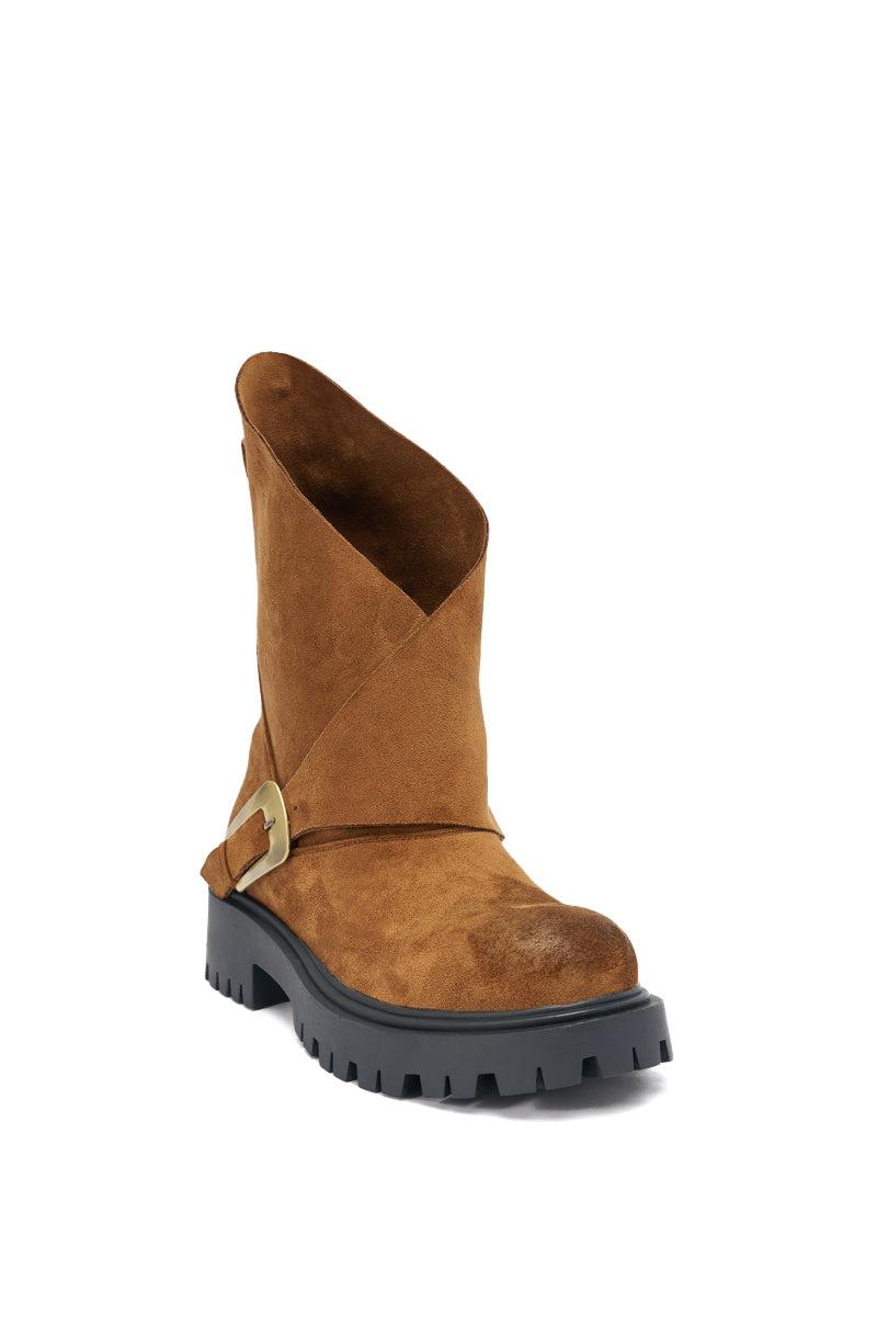 AZALEA WANG PHRIXUS BROWN CHUNKY SHORT SHAFT FAUX SUEDE BOOT Product Image