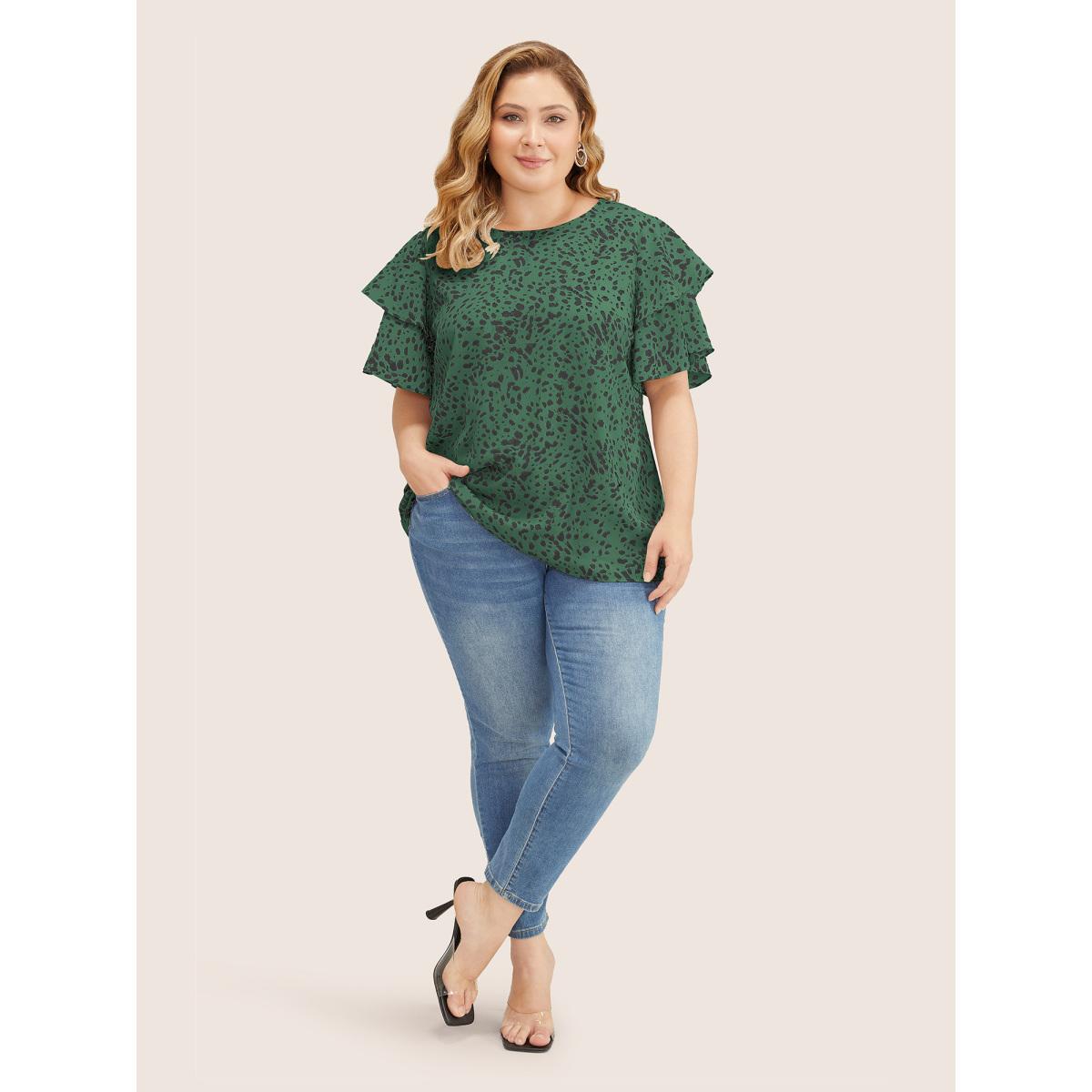 Plus Size Green Leopard Crew Neck Ruffle Tiered Sleeve Blouse Women Elegant Short sleeve Round Neck Everyday Blouses BloomChic 30/6X Product Image