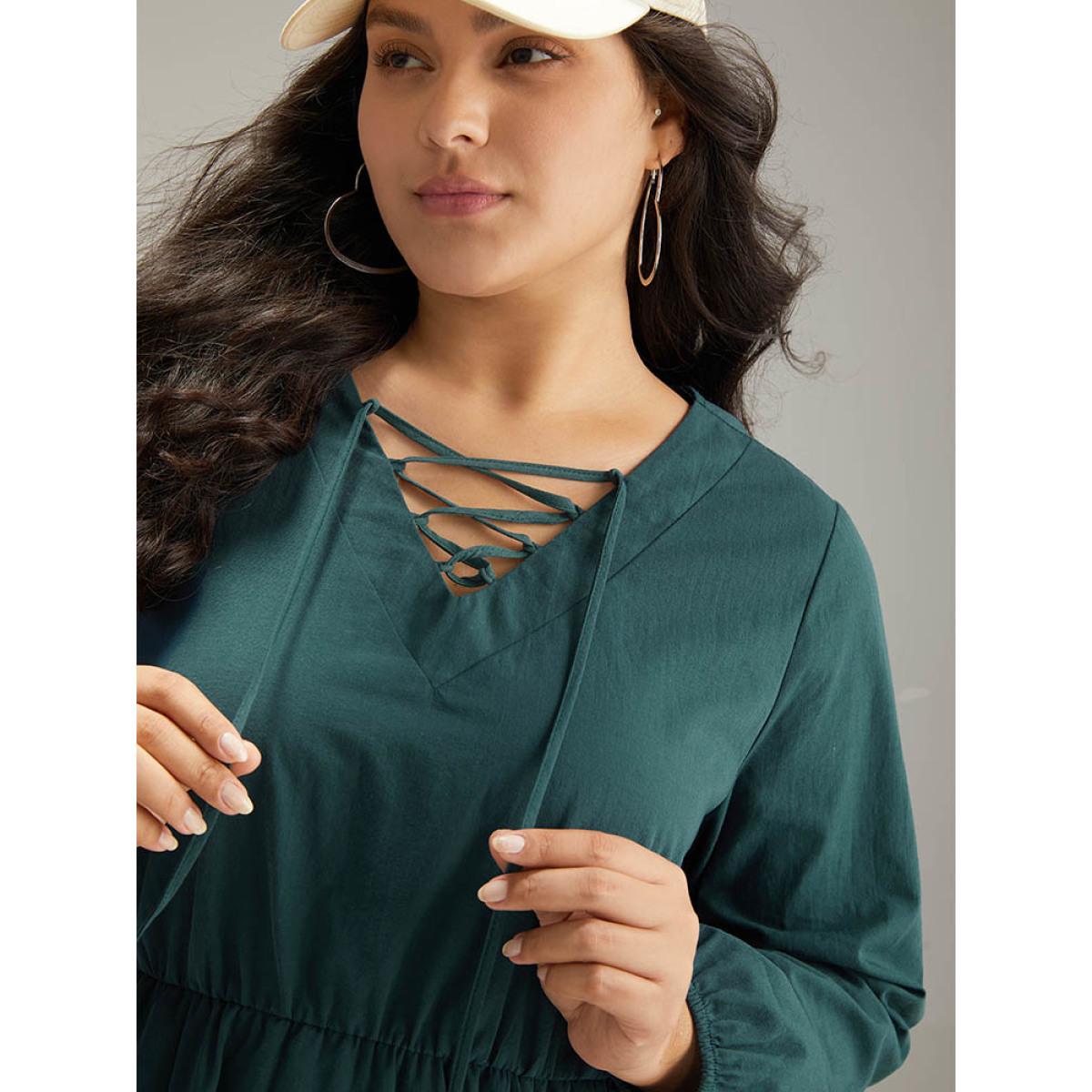 Plus Size Cotton Solid Lace Up Elastic Waist Dress DarkGreen Women Casual Elastic cuffs Tie Neck Long Sleeve Curvy Midi Dress BloomChic 18-20/2X Product Image