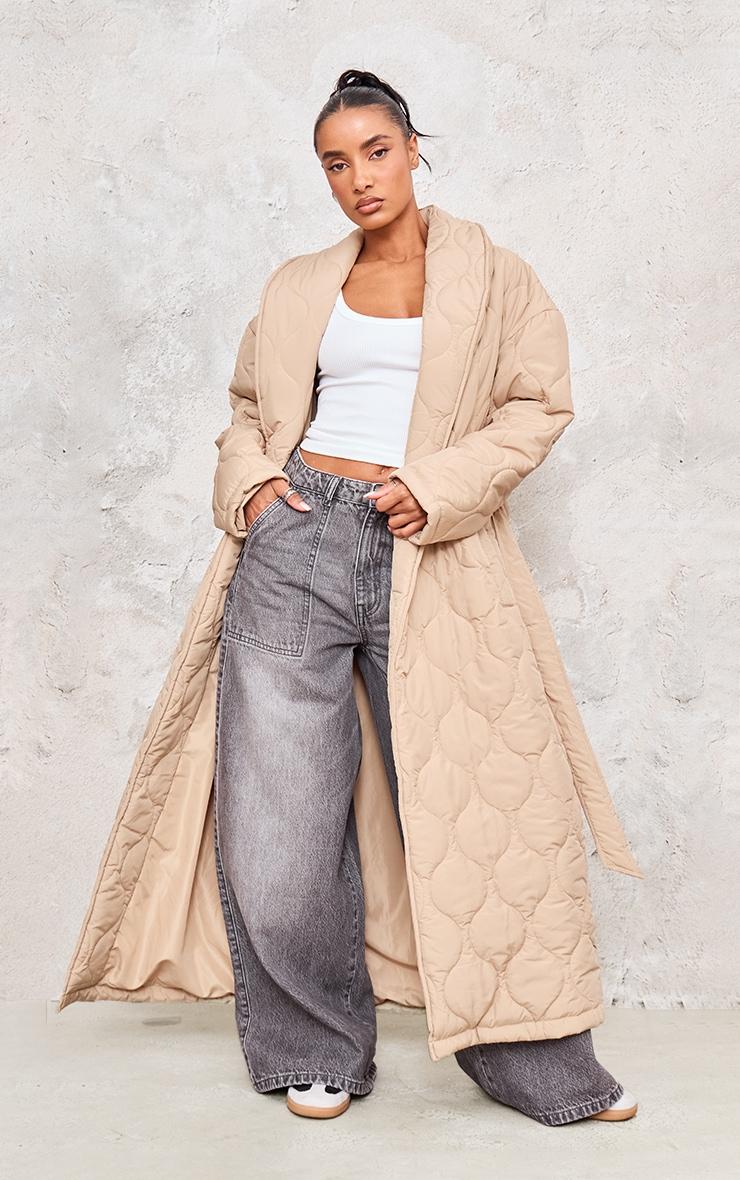 Stone Maxi Belted Quilted Coat Product Image