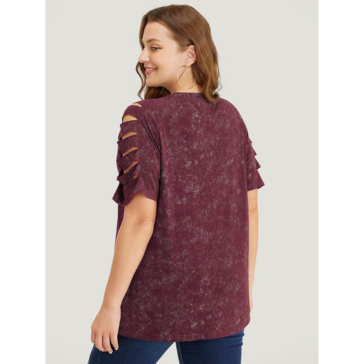 Plus Size Solid Cut Out Raglan Sleeve T-shirt Burgundy Women Casual Cut-Out Plain Round Neck Dailywear T-shirts BloomChic 30/6X Product Image