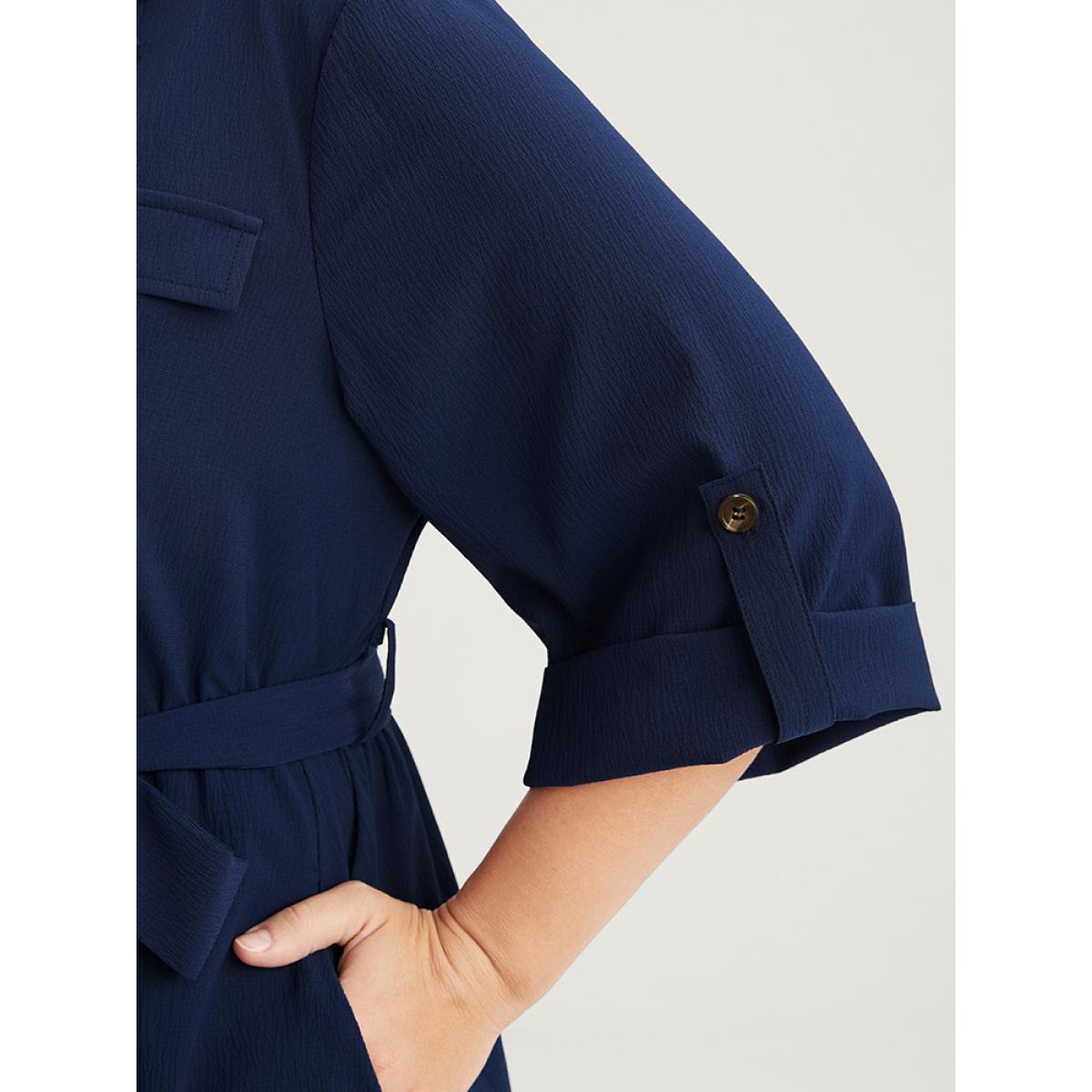 Plus Size Plain Button Cuffed Sleeve Pocket Belted Lapel Collar Dress DarkBlue Women Office Belted Lapel Collar Elbow-length sleeve Curvy Midi Dress BloomChic 26/4X Product Image
