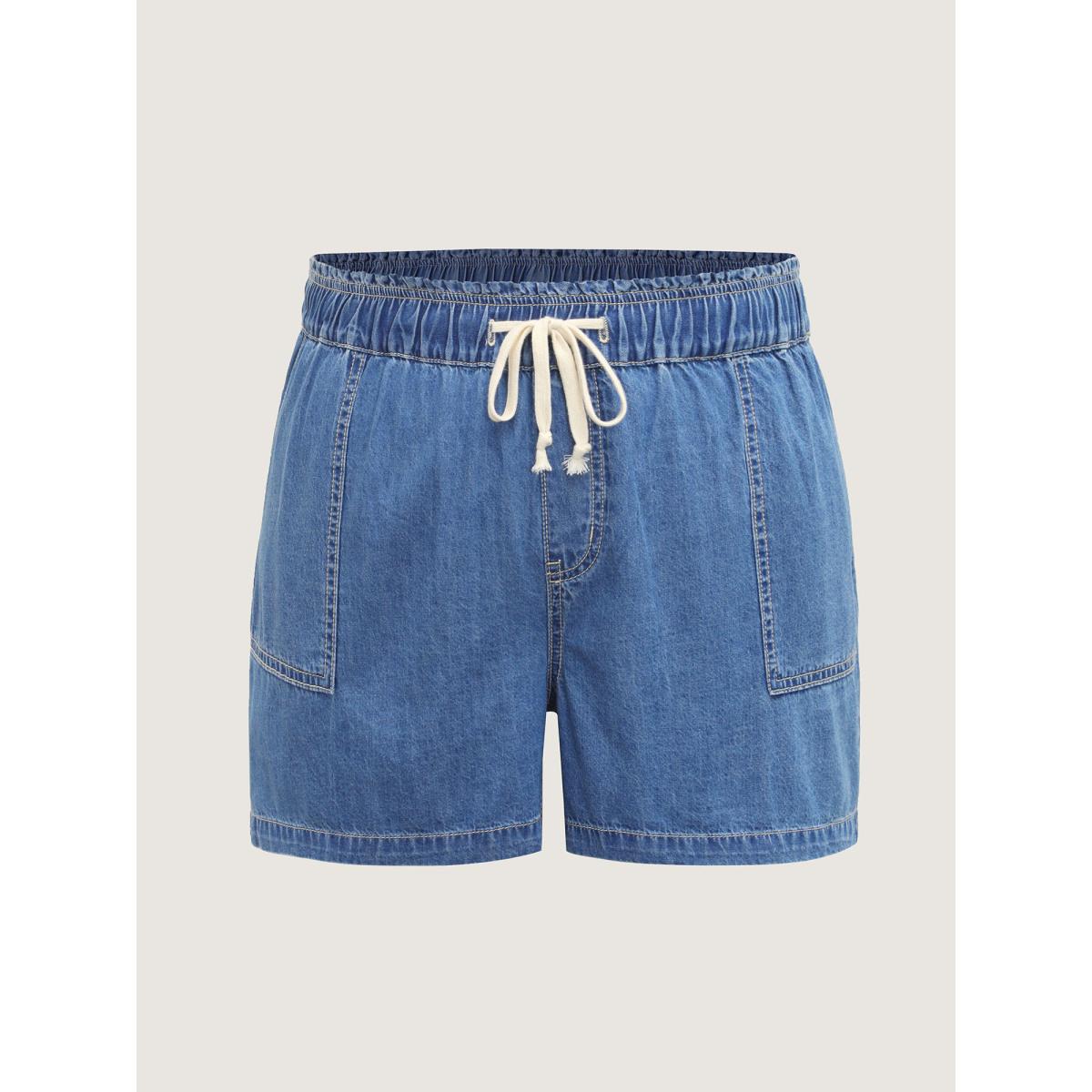 Plus Size Cotton Stretchy Waist Drawstring Classic Denim Shorts Women Midblue No stretch Casual Slanted pocket Leisure Denim Shorts BloomChic 18/2X Product Image