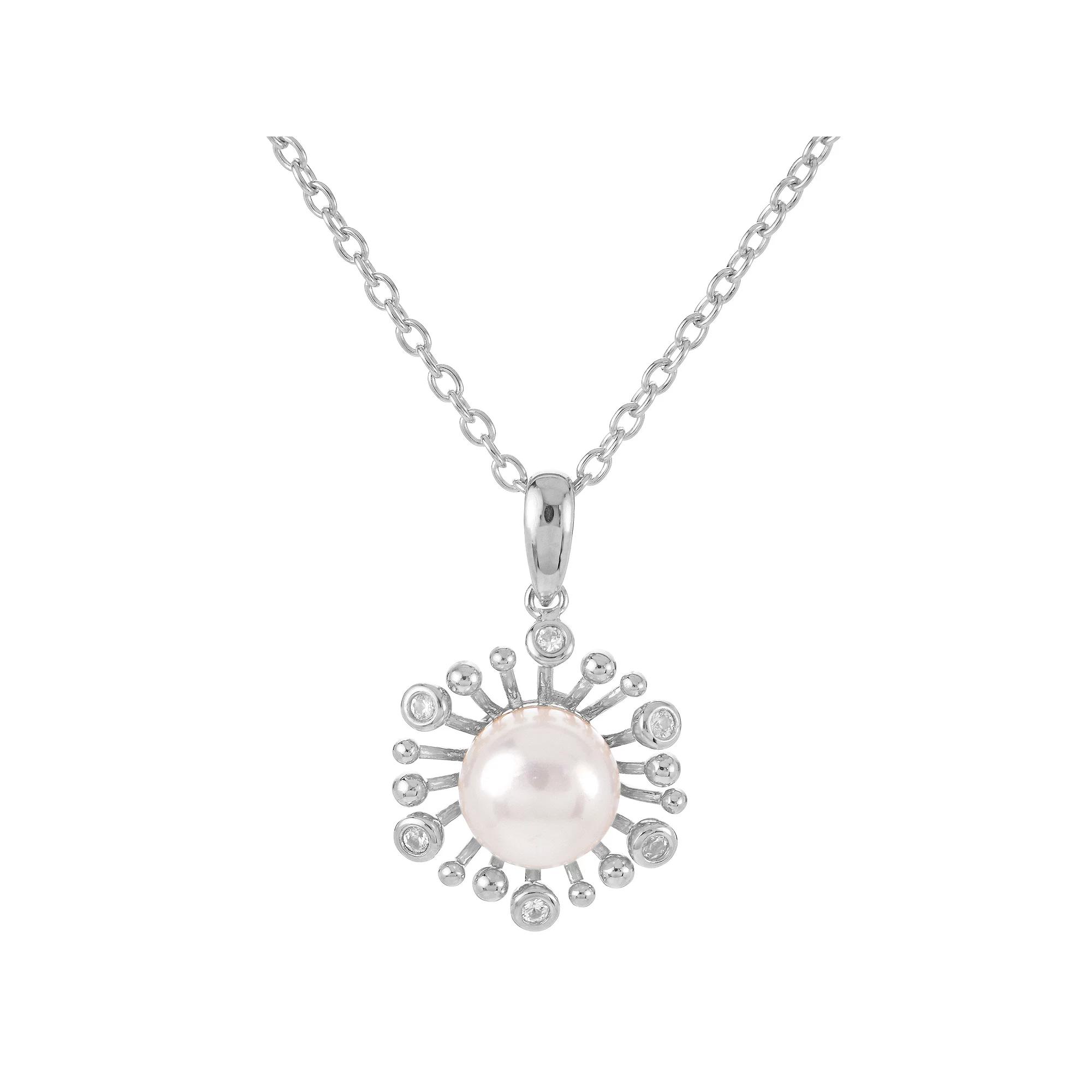 PearLustre by Imperial Sterling Silver Freshwater Cultured Pearl & Lab-Created White Sapphire Star Burst Pendant Necklace, Womens Product Image