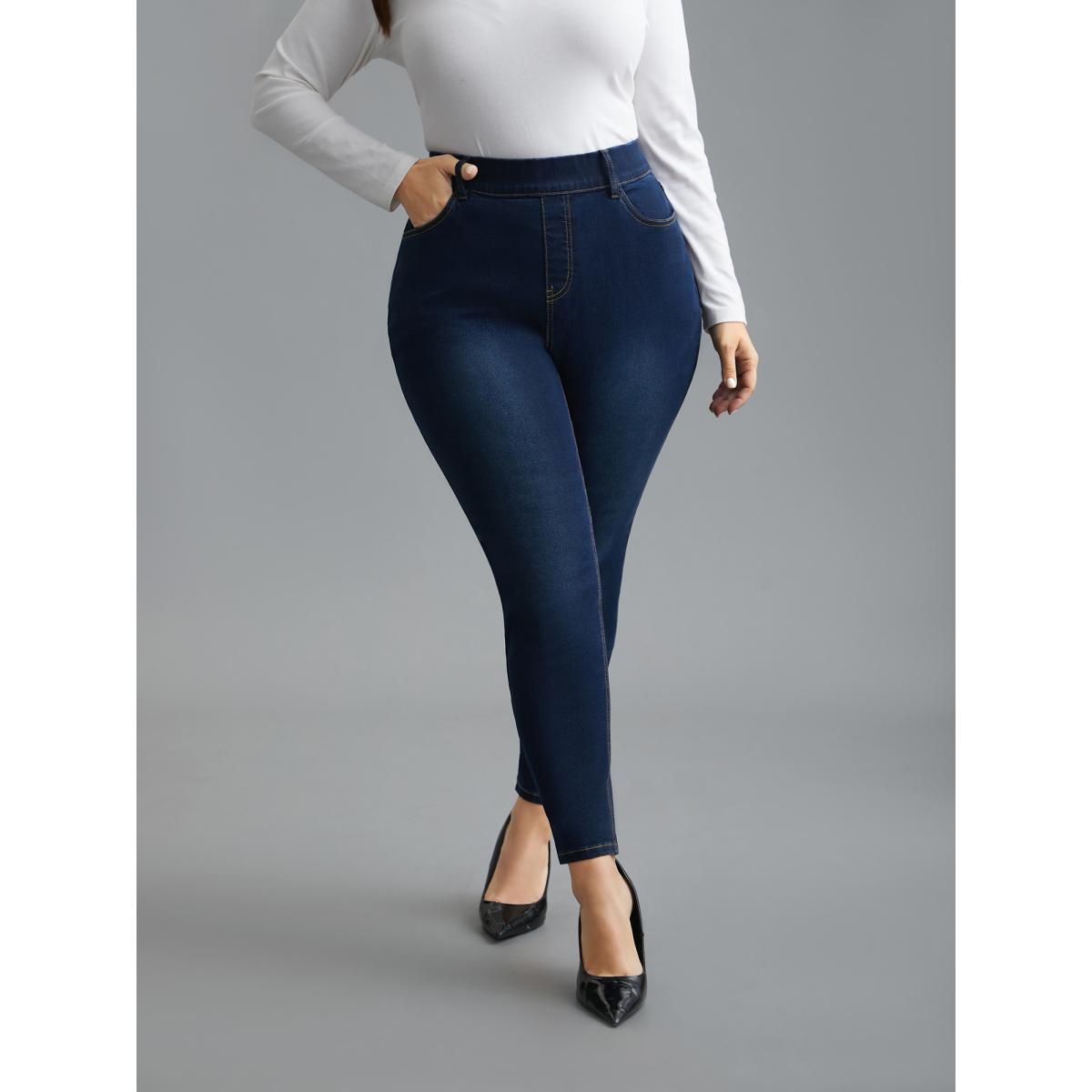 Plus Size Elastic Waist Mid Rise Skinny Jeans Women Denimindigo Elegant Medium stretch Slanted pocket Jeans BloomChic 30/6X Product Image
