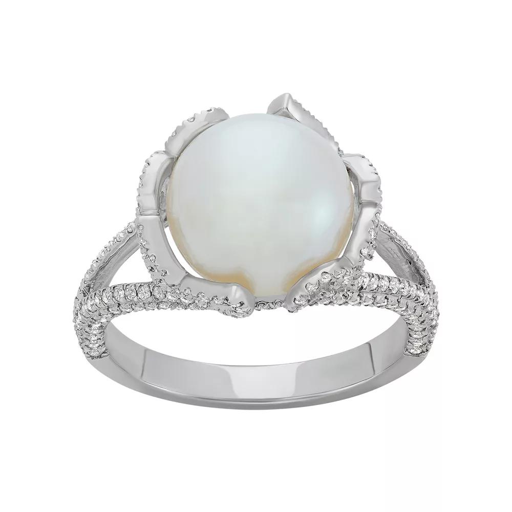 Freshwater Cultured Pearl and Cubic Zirconia Sterling Silver Flower Ring, Women's,  Product Image