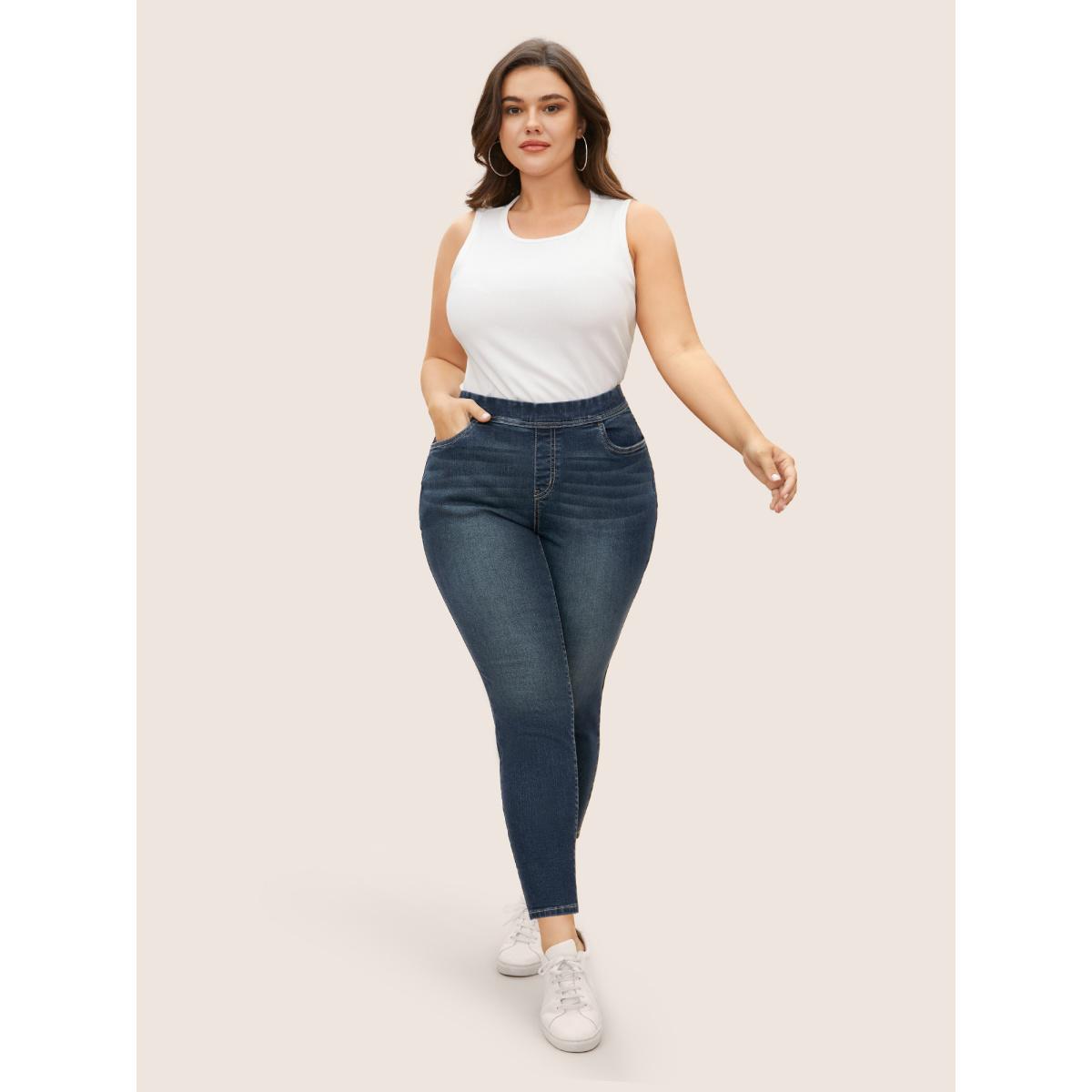 Plus Size Dark Wash Elastic Waist Slim Cropped Jeans Women Denimindigo Casual Non Medium stretch Slanted pocket Jeans BloomChic 20/2X Product Image