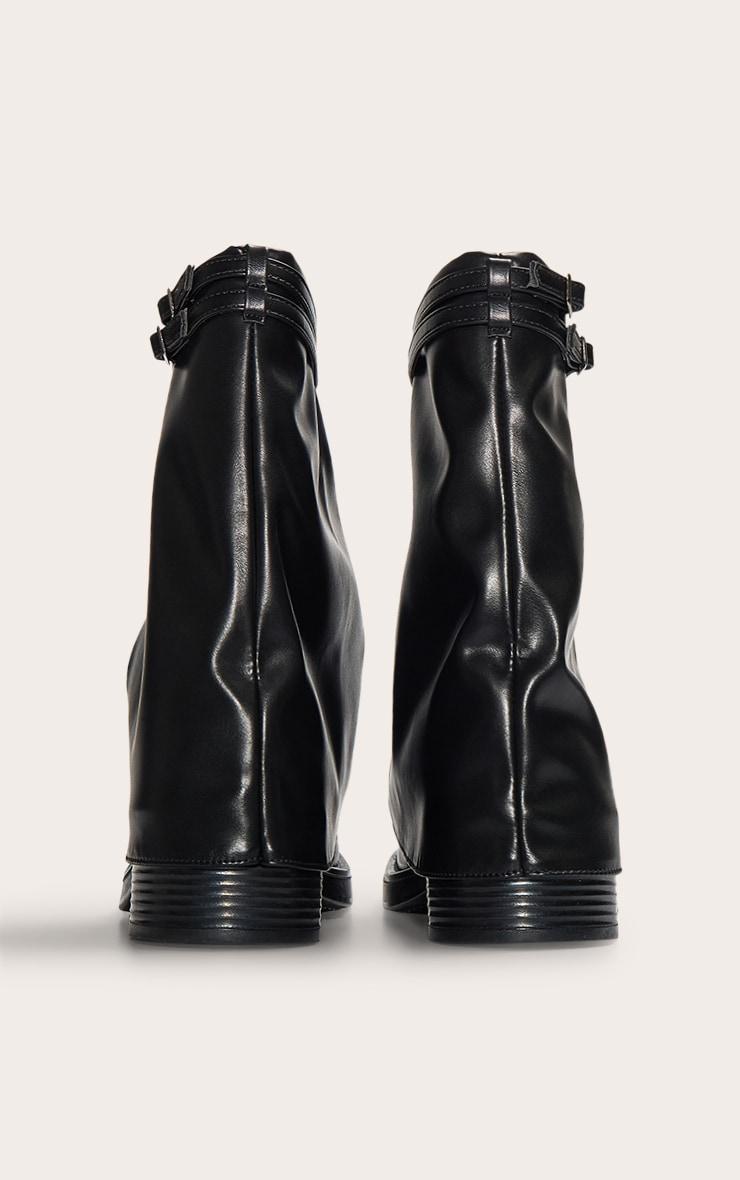 Black PU Round Toe Fold Over Buckle Strap Ankle Boots Product Image