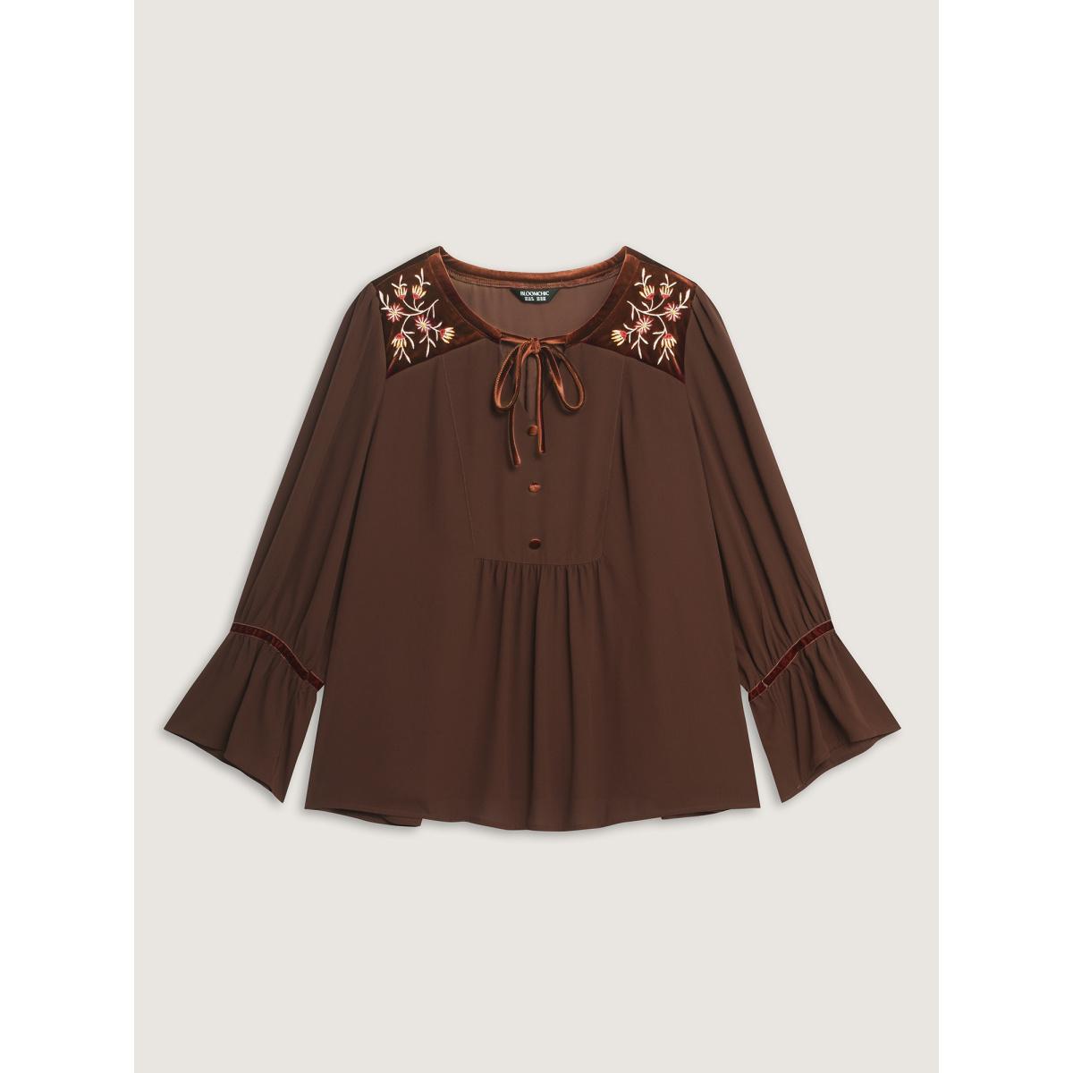 Plus Size Browncoffeecolor Embroidered Pleated Ruffled Sleeve Blouse Women Boho Long Sleeve Flat collar with V-notch Vacation Blouses BloomChic 30/6X Product Image