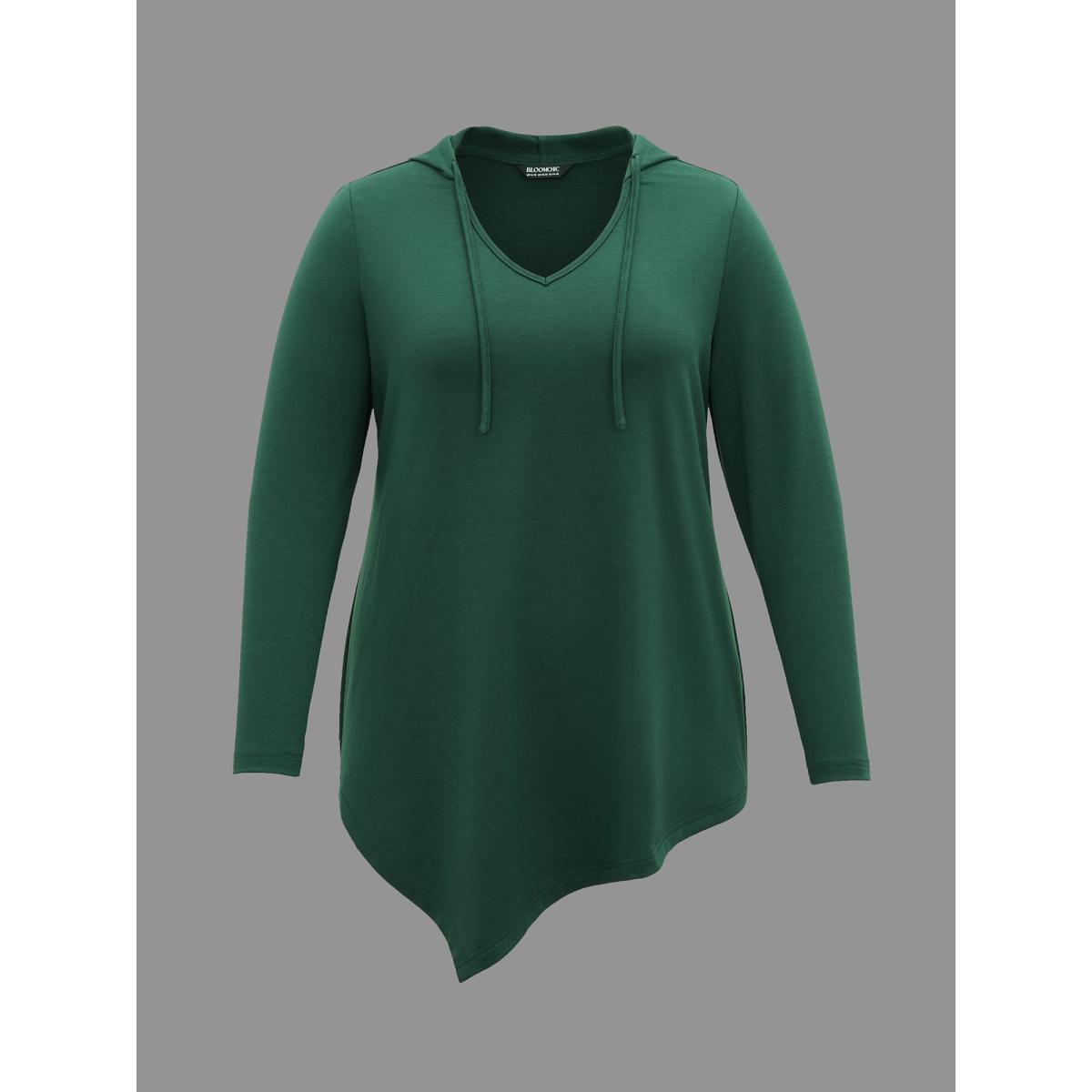 Plus Size Hooded Drawstring Asymmetrical Hem Sweatshirt Women DarkGreen Casual Drawstring Loose Hooded Everyday Sweatshirts BloomChic 14-16/1X Product Image