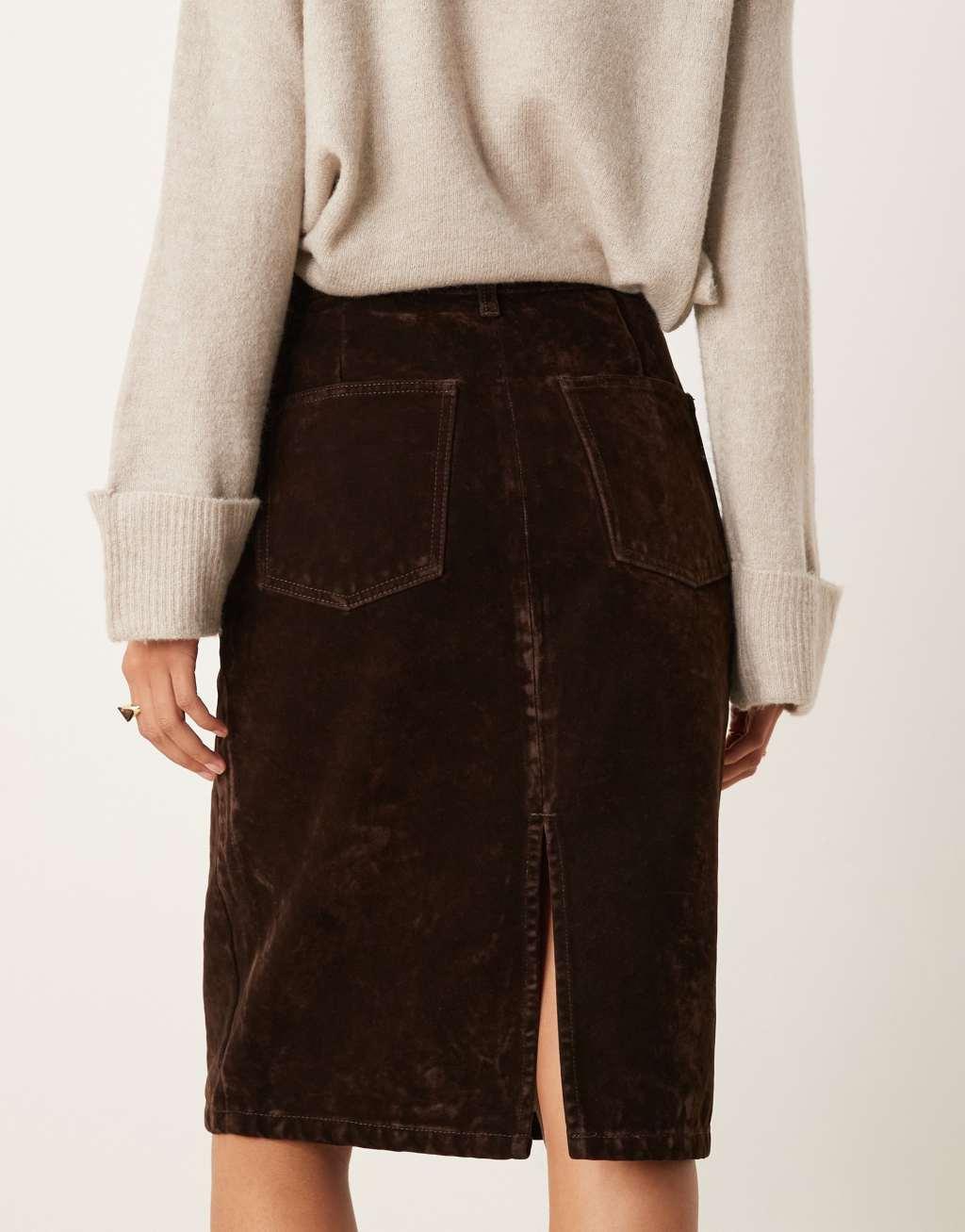 ASOS DESIGN awkward length skirt in flocked denim Product Image