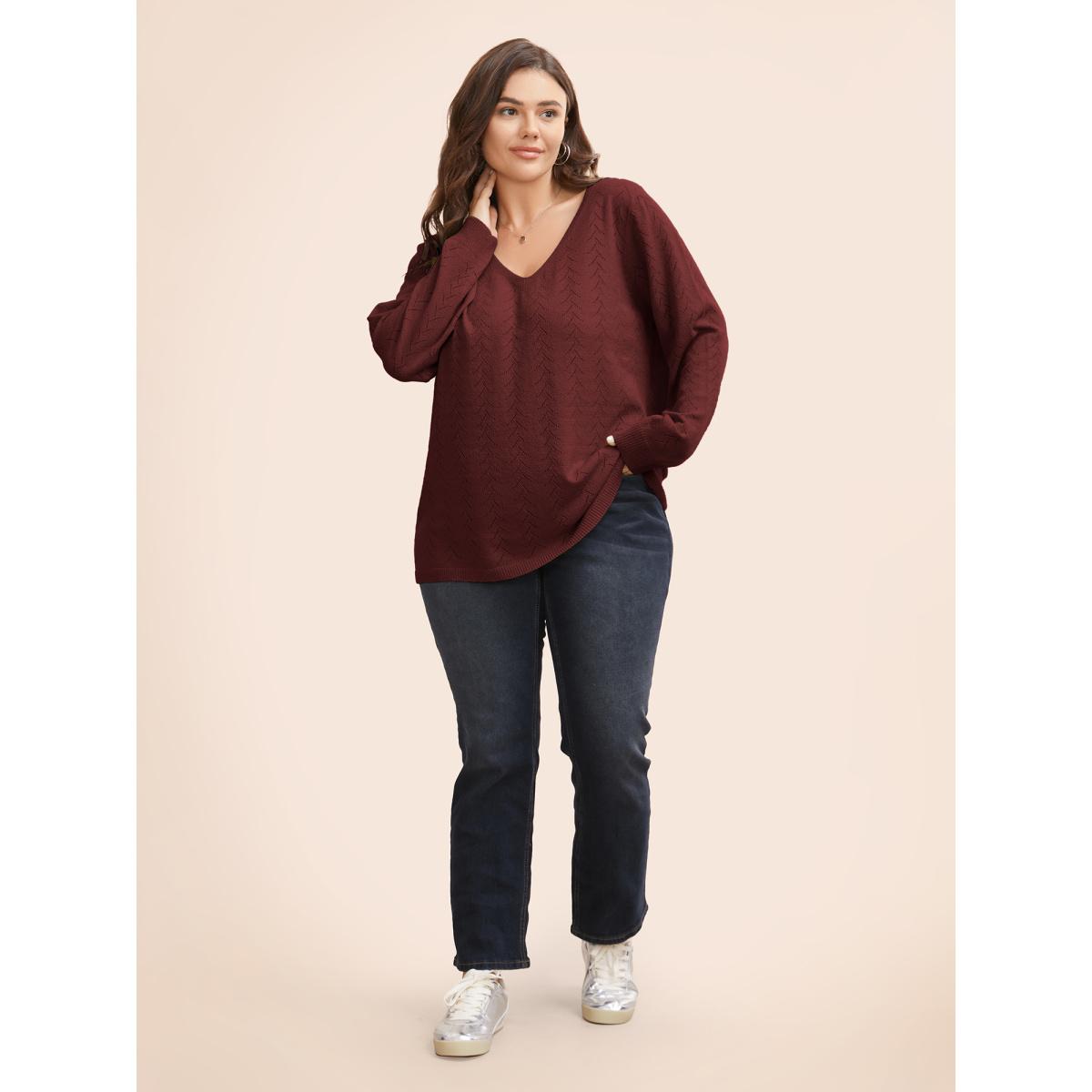 Plus Size Texture V Neck Lightweight Pullover Burgundy Women Casual Long Sleeve V-neck Everyday Pullovers BloomChic 30/6X Product Image