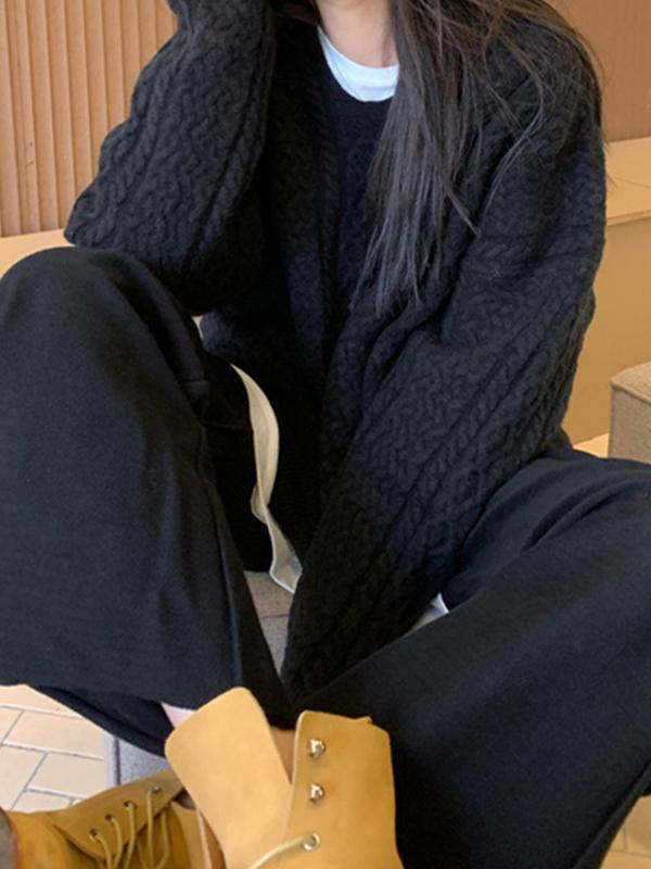 Solid V Neck Cable Knit Sweater Product Image