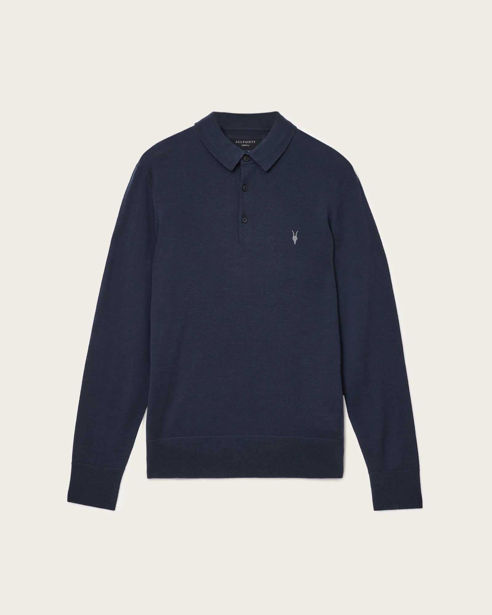 Mode Merino Long Sleeve Ramskull Polo Shirt NAVY BLUE | ALLSAINTS US Product Image