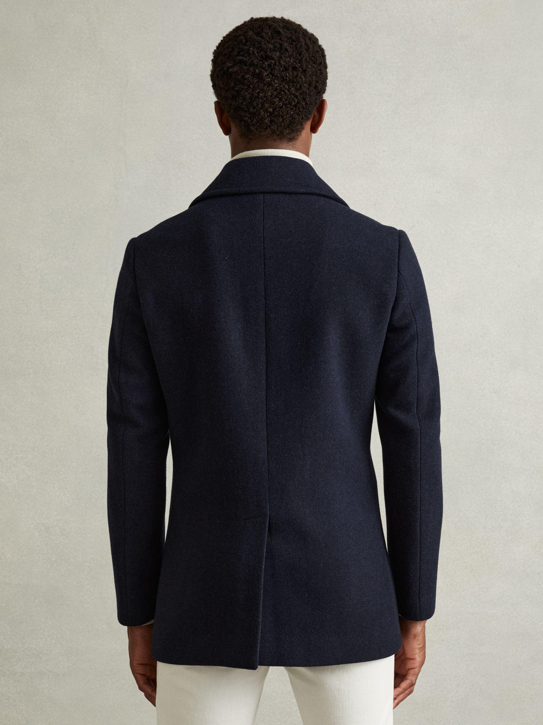 Wool Blend Double Breasted Peacoat in Navy Herringbone Product Image