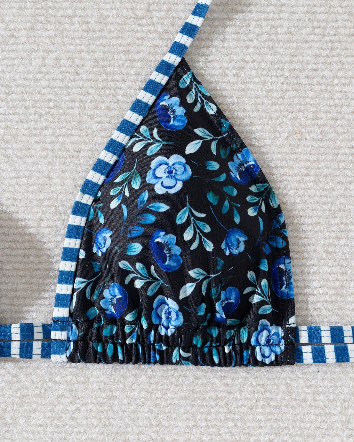 Royal Blue Knit Print Contrast Bikini Set Product Image