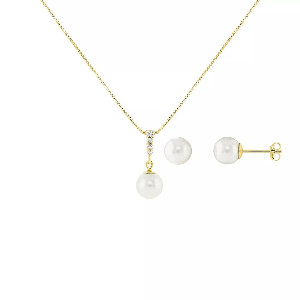 PRIMROSE Sterling Silver Simulated Pearl & Cubic Zirconia Pendant Necklace & Stud Earrings Set, Women's, Size: 18", Gold Tone White Product Image