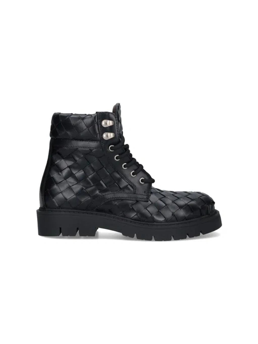BOTTEGA VENETA Leather All-over Intrecciato Ankle Boots In Black Product Image