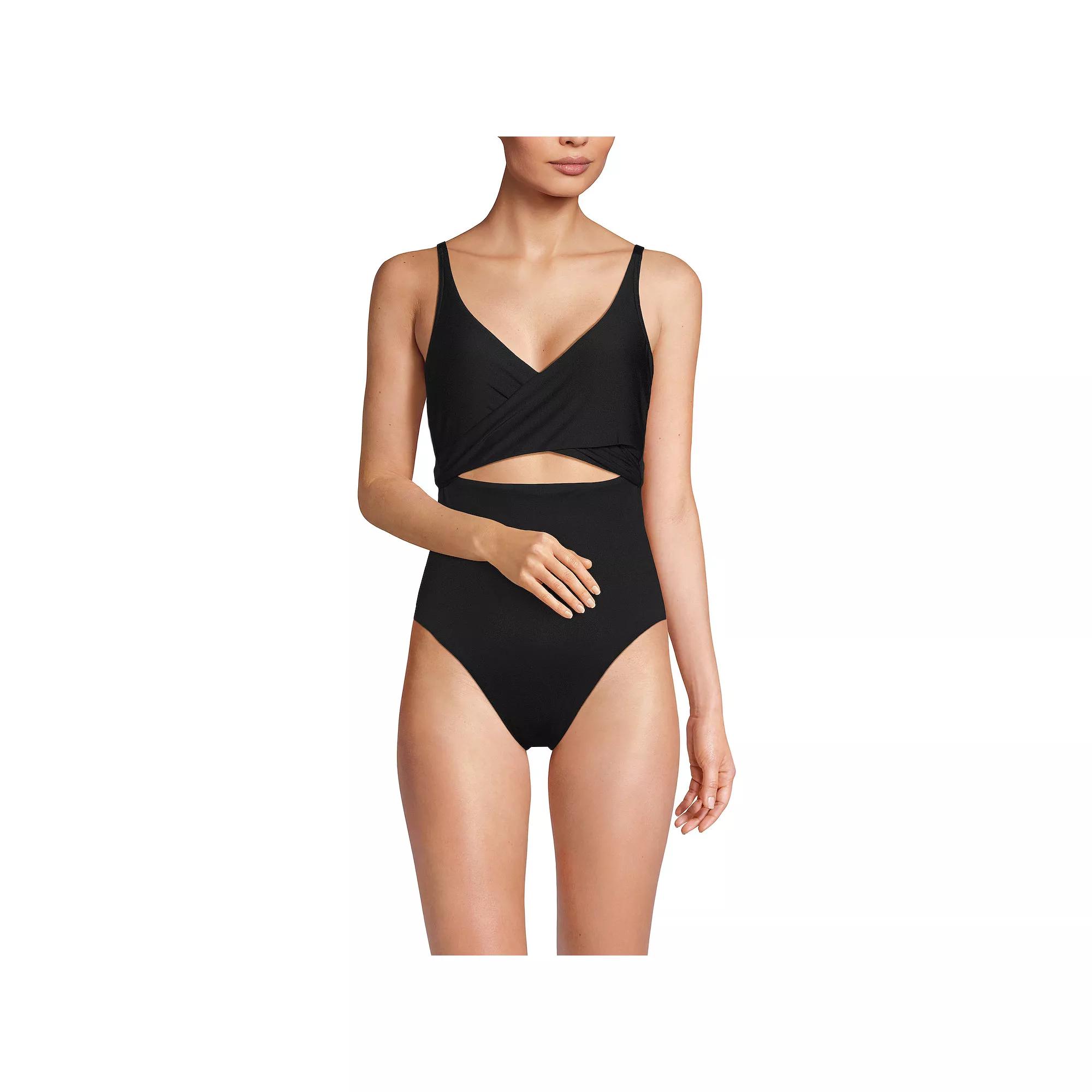 Women's Lands' End Wrap Monokini High Leg One-Piece Swimsuit, Size: 12, Black Product Image