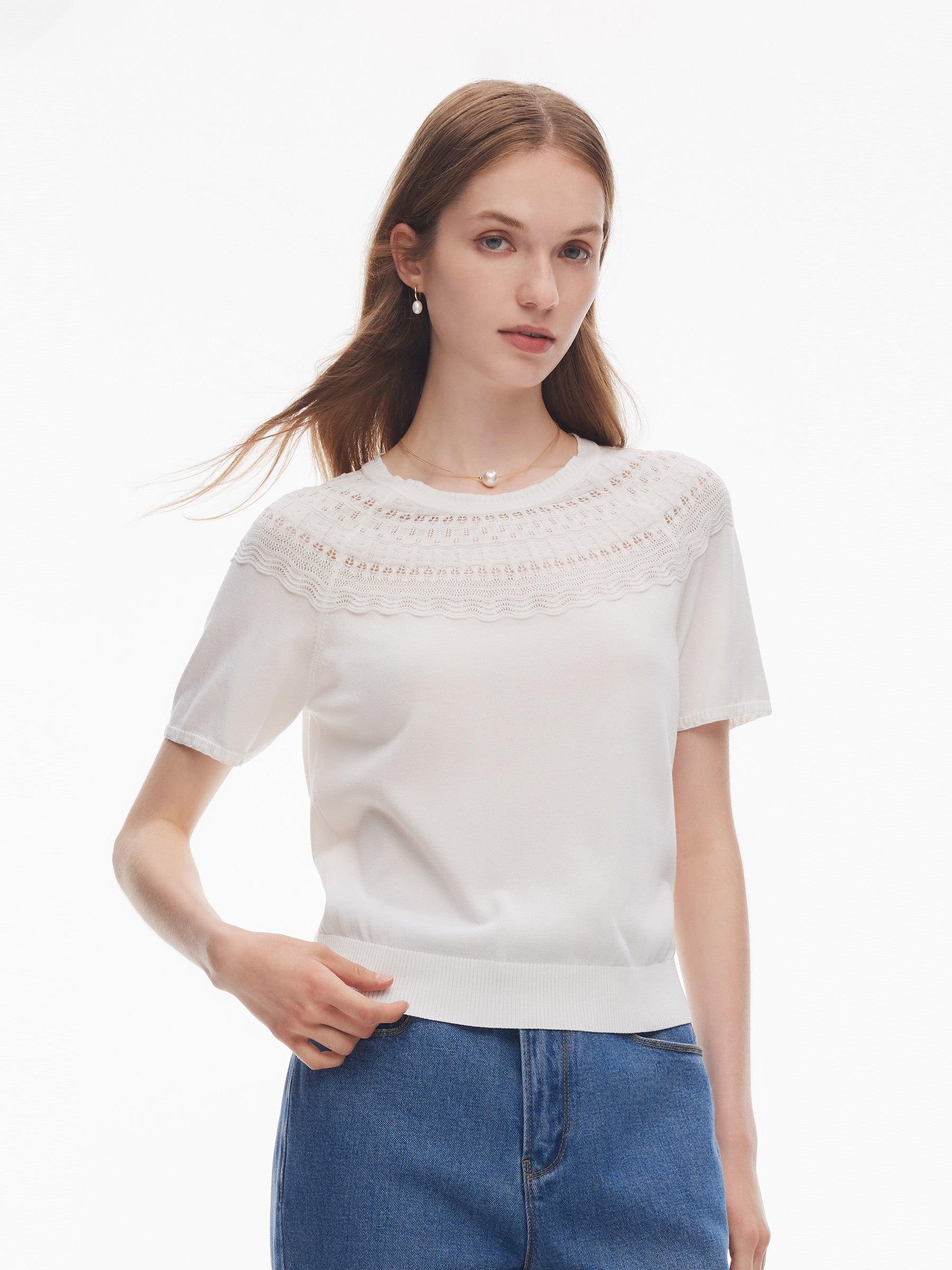 Tencel Blend Openwork Women Ruffle Round Neck Knit Top Product Image