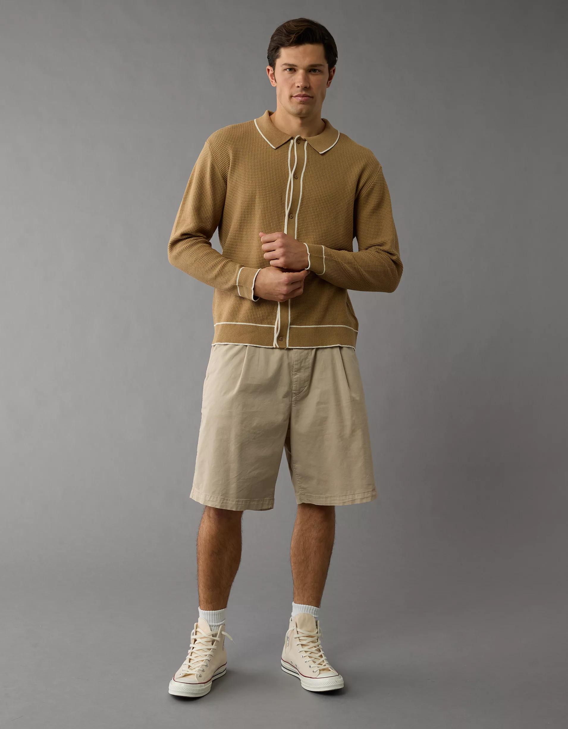AE Long-Sleeve Tipped Waffle Sweater Polo Shirt Product Image