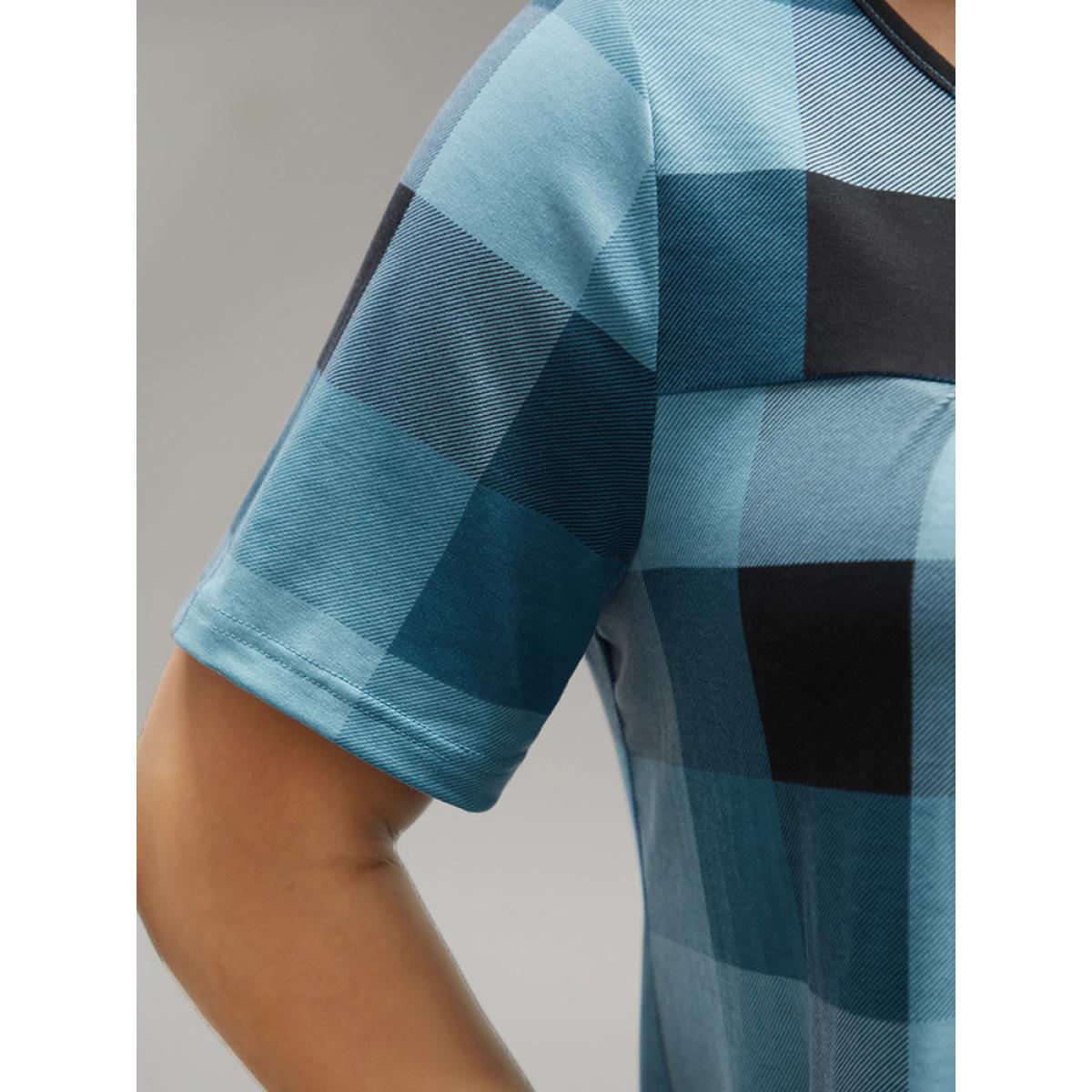 Plus Size Plaid Round Neck Gathered T-shirt Blue Women Casual Gathered Plaid Round Neck Everyday T-shirts BloomChic 12/L Product Image