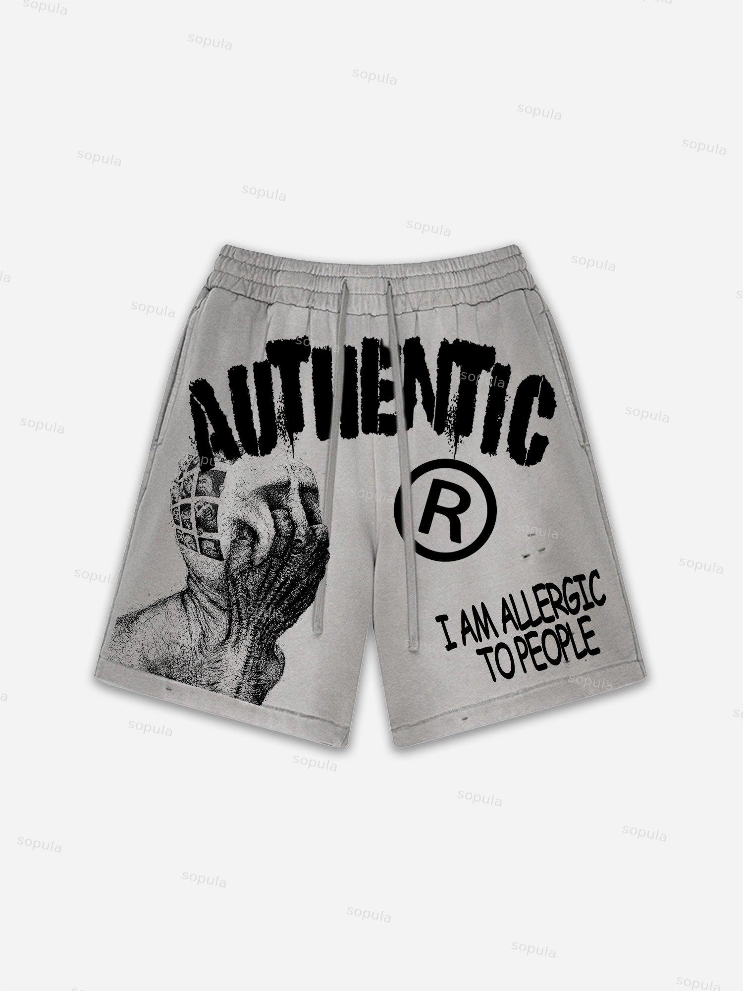 I Am Allergic To People Graphic Print Vintage Washed Ripped Shorts Product Image
