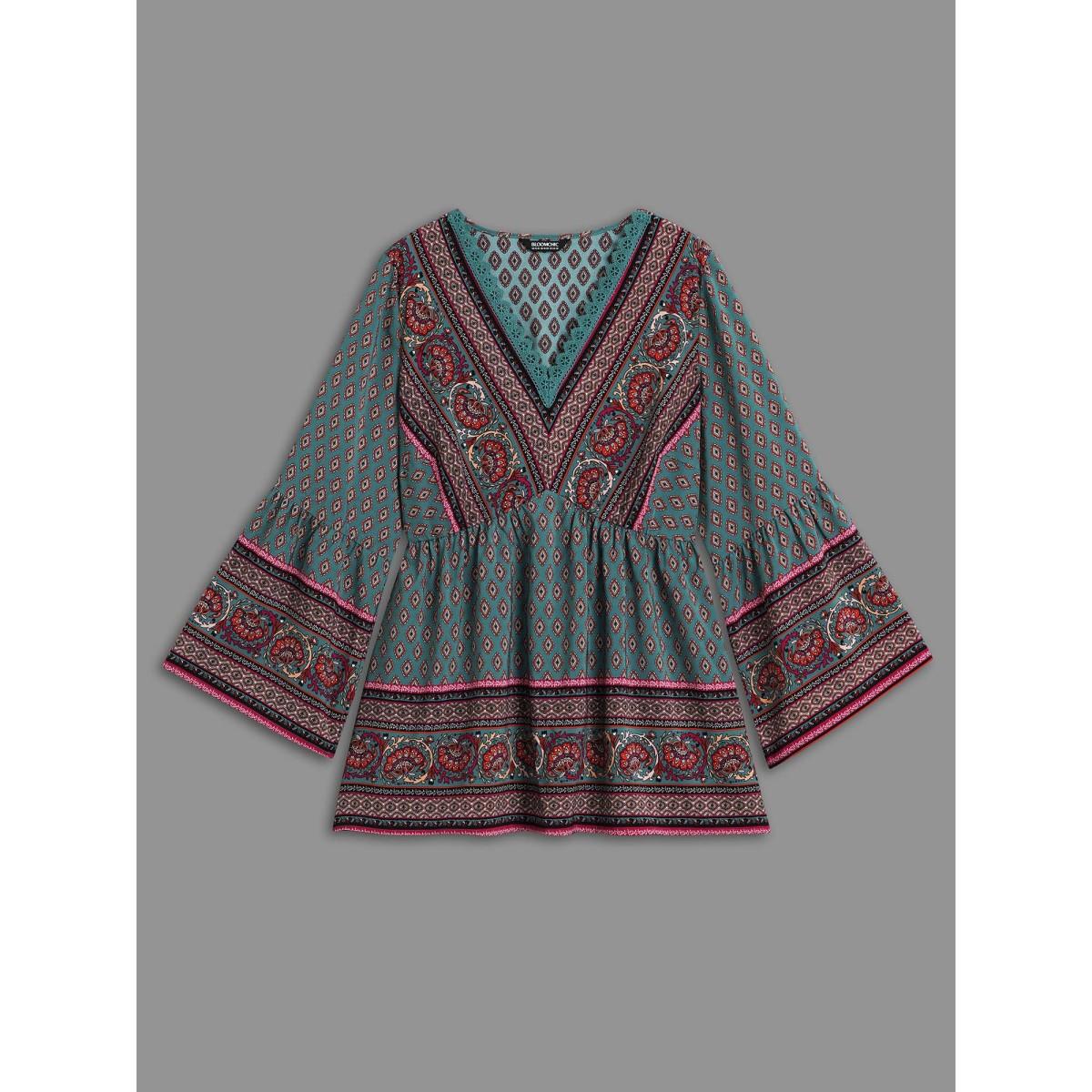 Plus Size DarkSlateGray Boho Print Lace Trim V-Neck Ruffle Sleeve Blouse Women Resort Long Sleeve V-neck Vacation Blouses BloomChic 28/5X Product Image