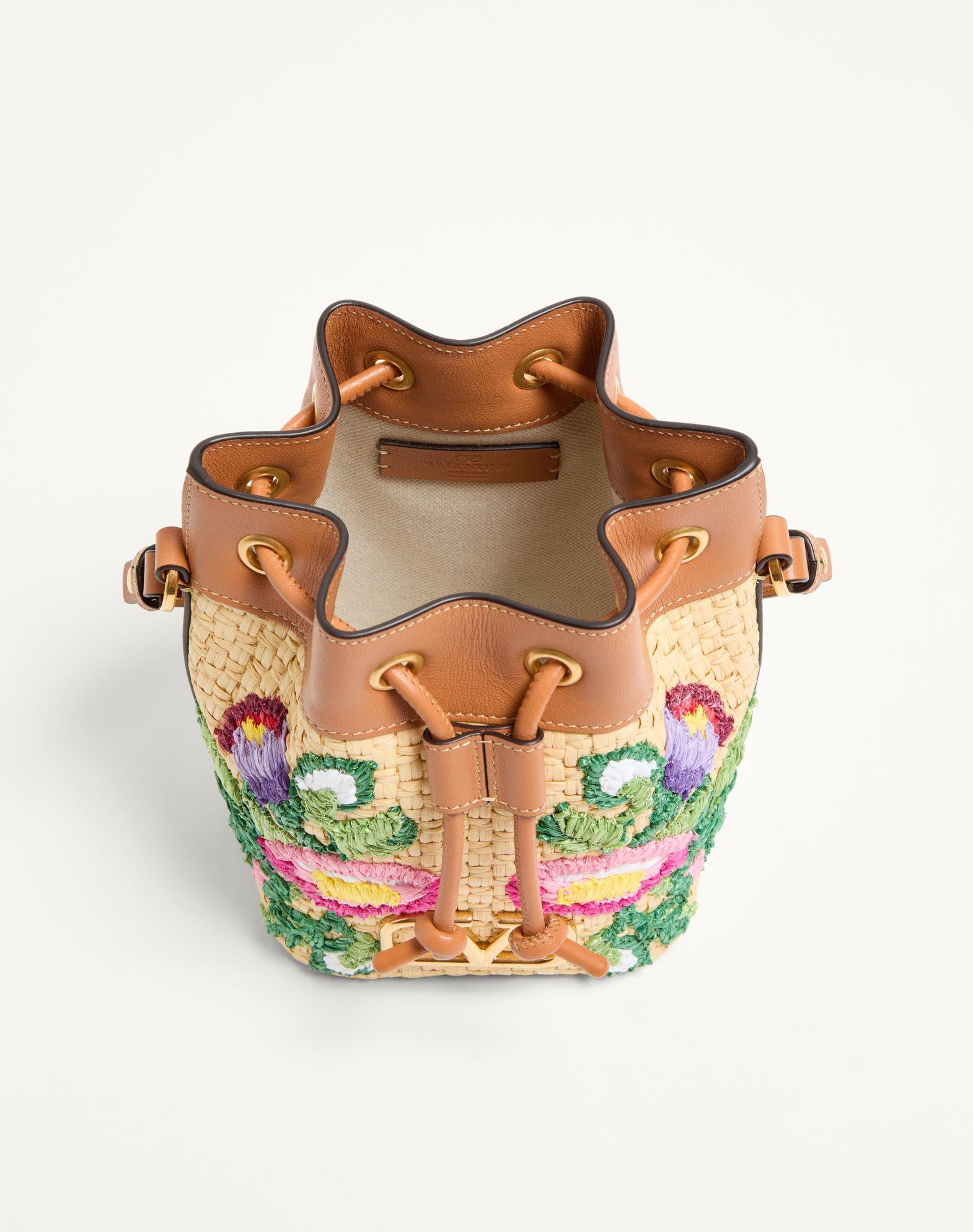 Vlogo Signature Mini Bucket Bag In Raffia With Floral Embroidery Product Image