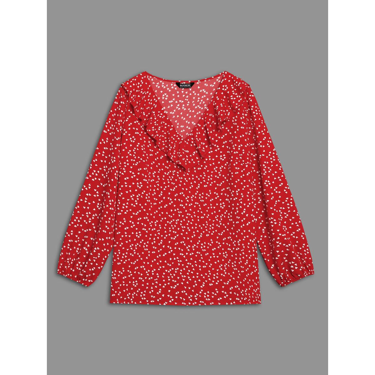 Plus Size Crimson V Neck Ruffle Heart Blouse Women Elegant Extra Long Sleeve V-neck Everyday Blouses BloomChic 14-16/1X Product Image