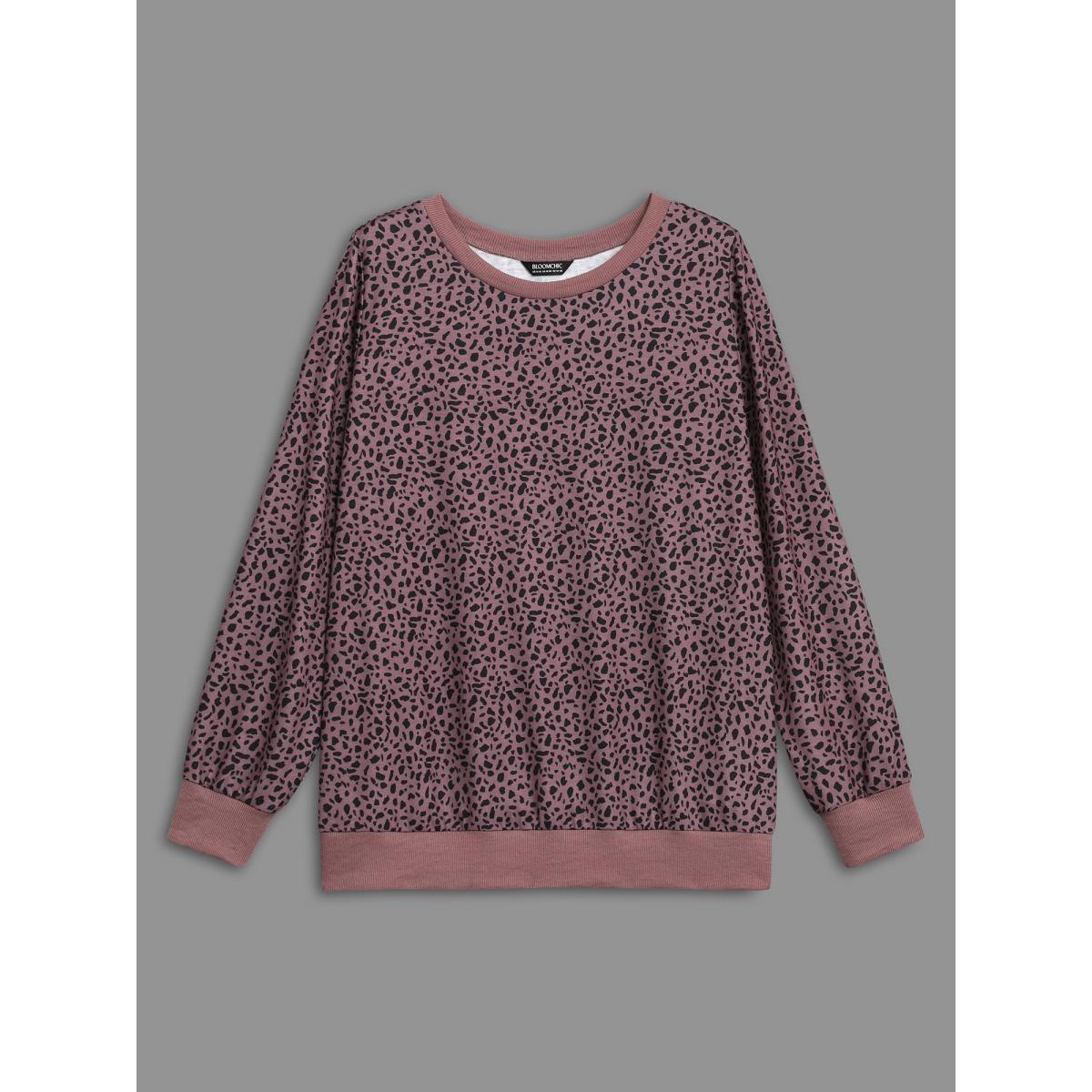 Plus Size Leopard Print Crew Neck Stretchy Sweatshirt Women DustyPink Casual Contrast Round Neck Everyday Sweatshirts BloomChic 10/M Product Image