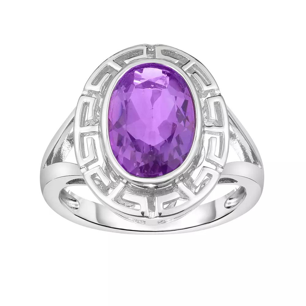 Sterling Silver Greek Key Amethyst Ring, Womens Product Image
