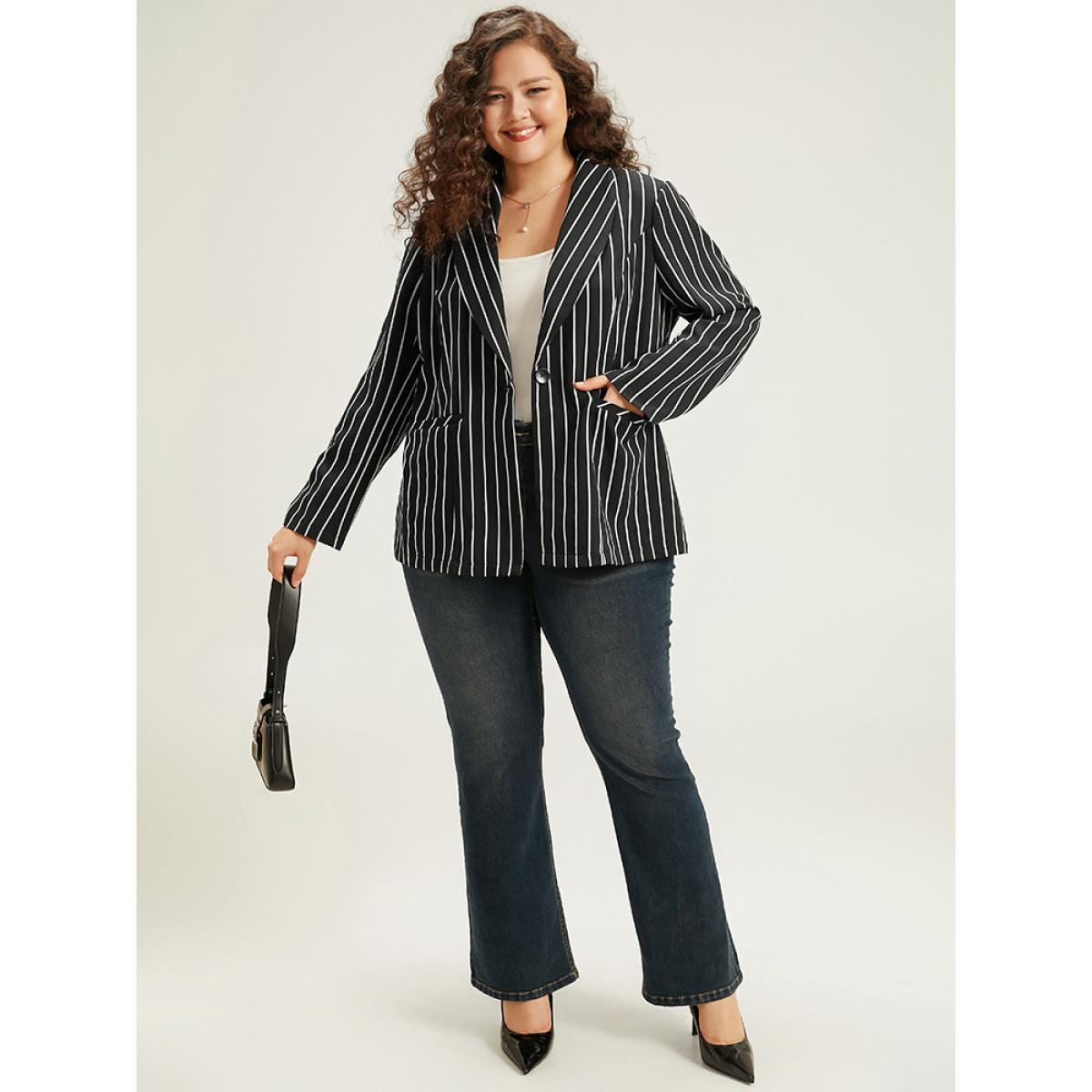 Plus Size Striped Suit Collar Button Up Blazer Black Women Work Striped Contrast Sleeve Long Sleeve Suit Collar 12/L Pocket Casual Blazers BloomChic Product Image