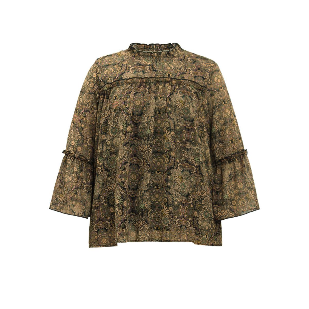 Plus Size Bronze Bandana Print Mesh Frill Trim Blouse Women Elegant Long Sleeve Round Neck Vacation Blouses BloomChic 30/6X Product Image