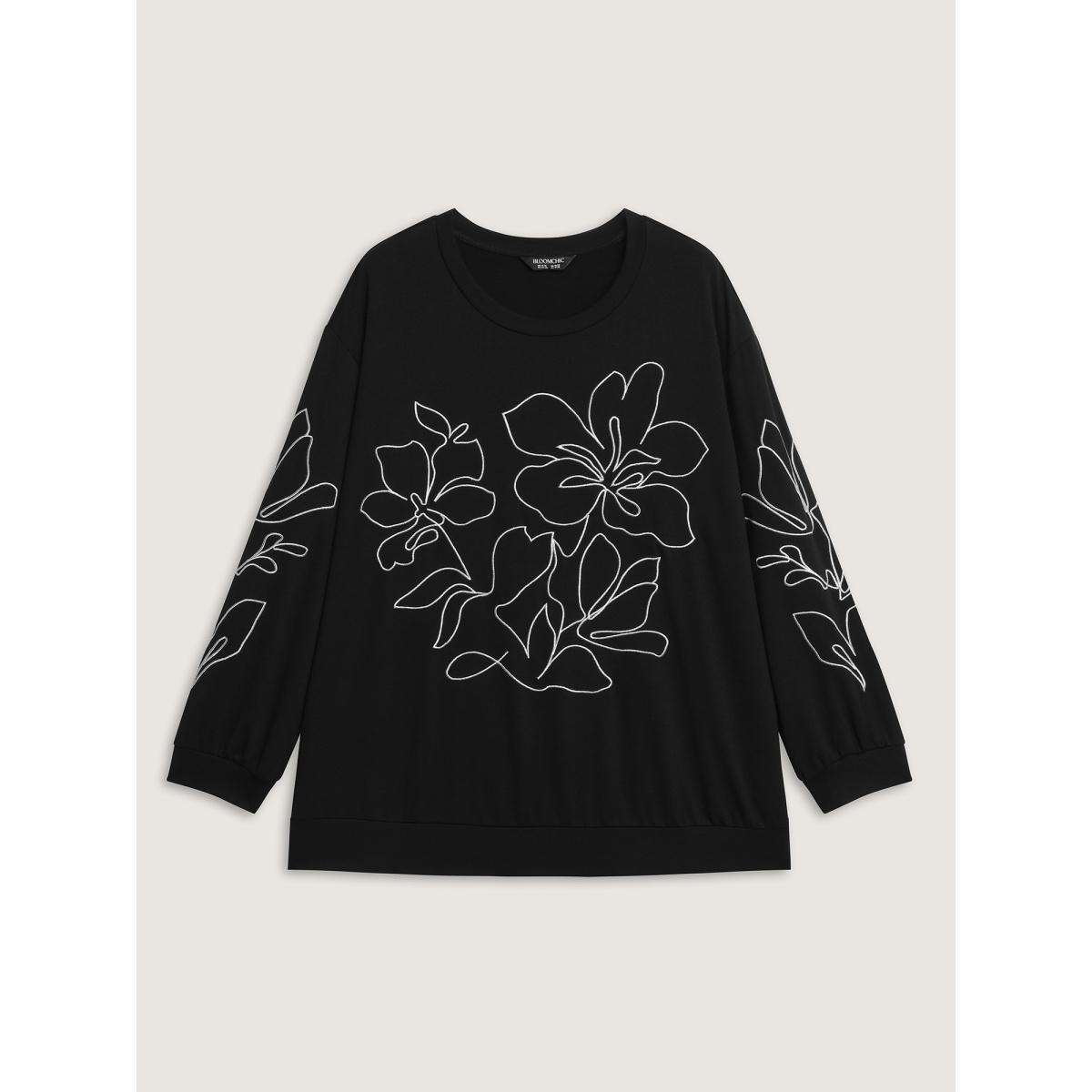 Plus Size Floral Embroidery Relaxed Fit Sweatshirt Women Black Leisure Round Neck Casual Sweatshirts BloomChic 22-24/3X Product Image
