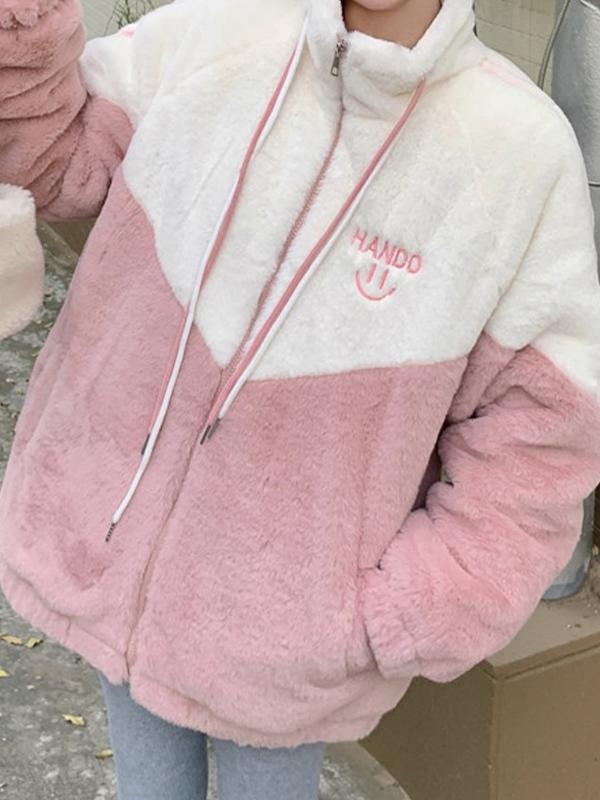 Contrast Color Splice Drawstring Collar Neck Embroidered Jacket Product Image