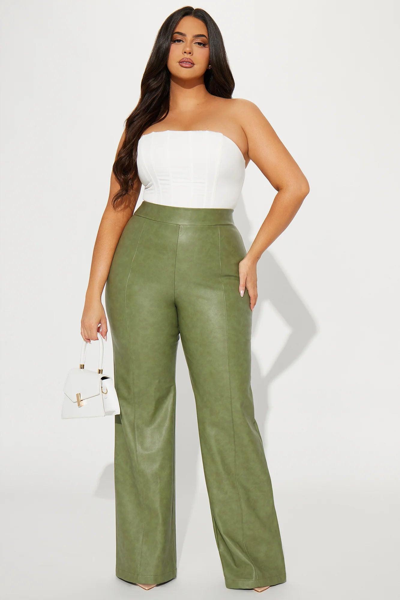 Victoria High Waisted Washed Faux Leather Dress Pants - Olive Product Image