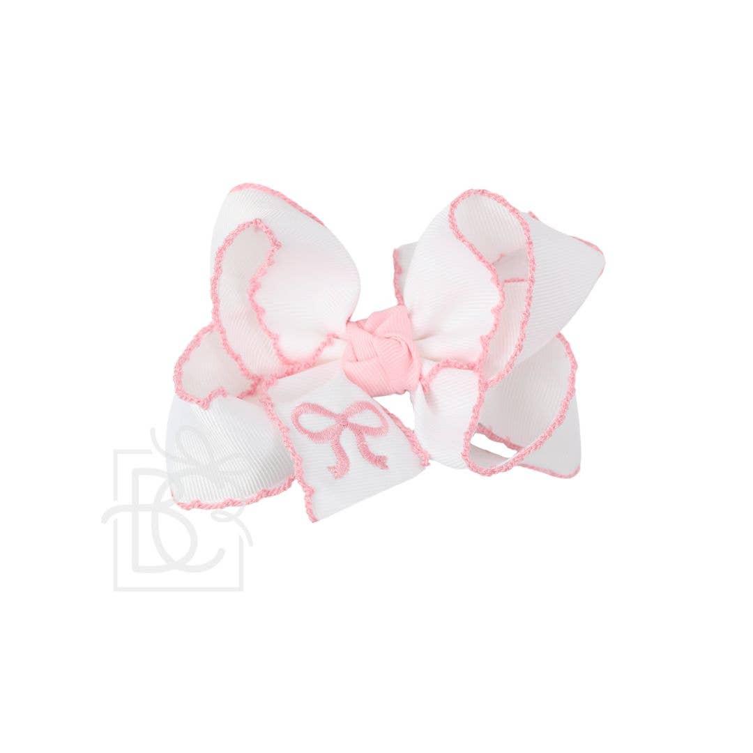 EMBROIDERED BOW CROCHET EDGE HAIR BOW ON ALLIGATOR CLIP : Light Pink w/ White Crochet Edge & Hot Pink Embroidered Bow / 5.5" Huge Product Image