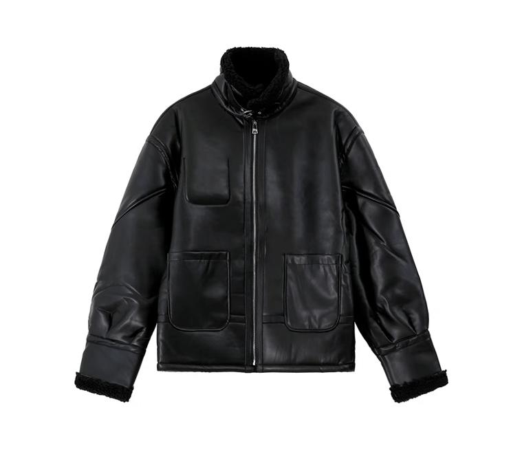 RT No. 10338 BLACK STAND COLLAR FLEECE LEATHER JK Product Image