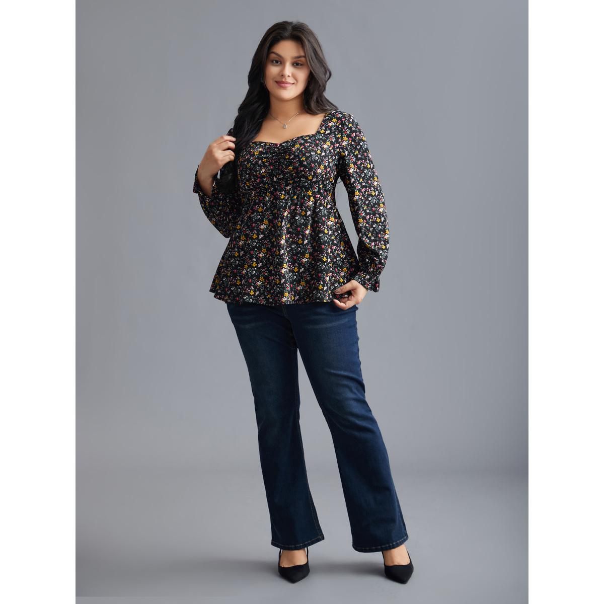 Plus Size Black Ditsy Floral Heart Neckline Gathered Blouse Women Elegant Long Sleeve Heart neckline Everyday Blouses BloomChic 28/5X Product Image