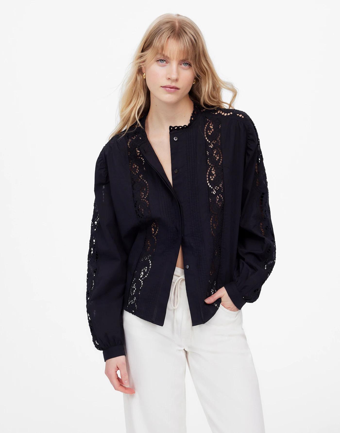 Lace-Inset Pintucked Button-Up Top Product Image