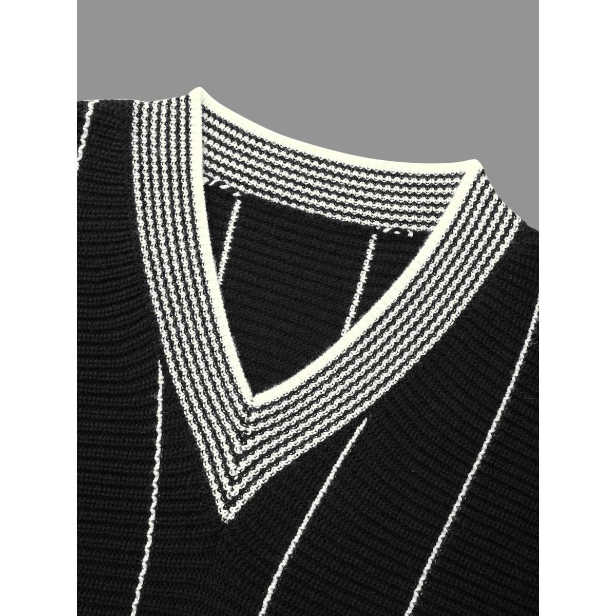 Plus Size Texture Contrast Striped Lantern Sleeve Pullover Black Women Casual Loose Long Sleeve V-neck Everyday Pullovers BloomChic 18-20/2X Product Image